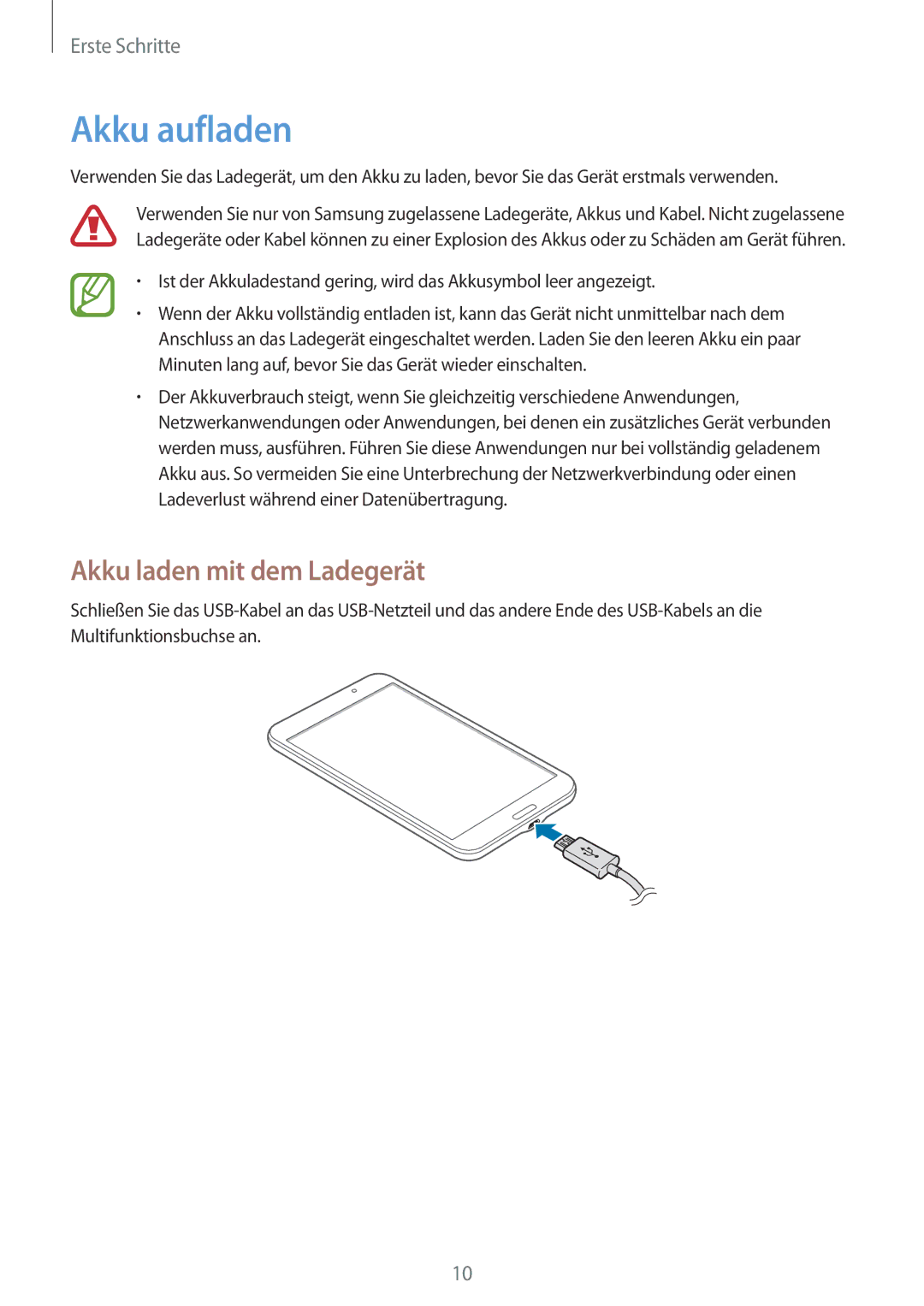 Samsung SM-T230NYKCBMW, SM-T230NYKABMW manual Akku aufladen, Akku laden mit dem Ladegerät 