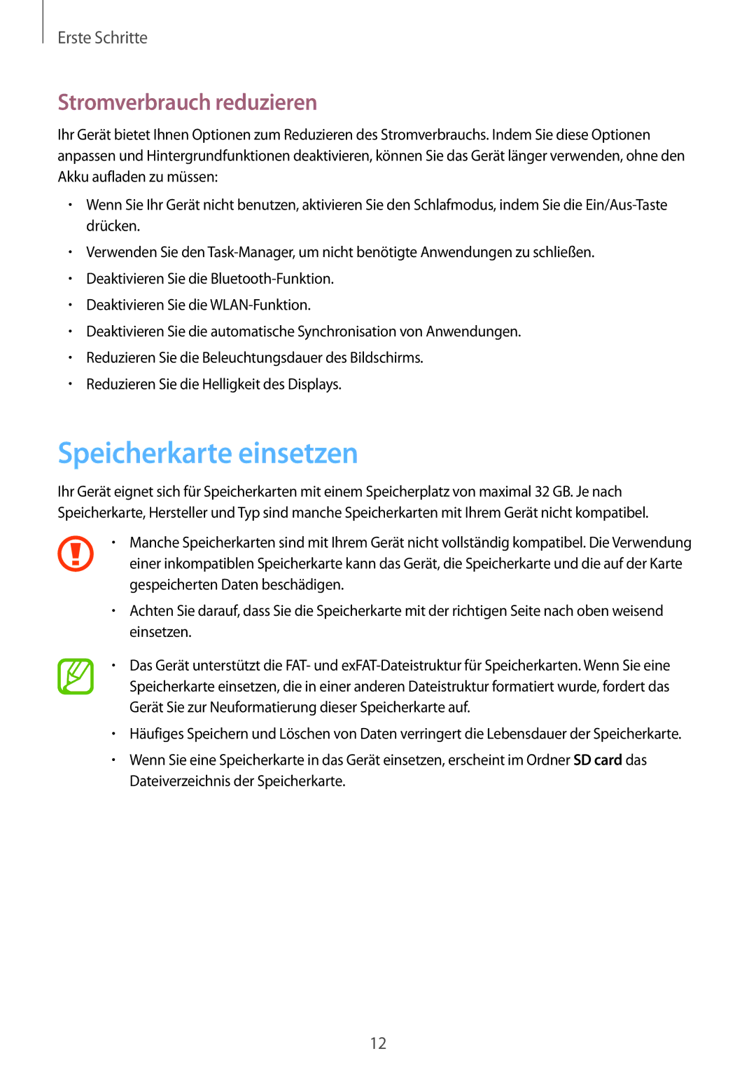 Samsung SM-T230NYKCBMW, SM-T230NYKABMW manual Speicherkarte einsetzen, Stromverbrauch reduzieren 