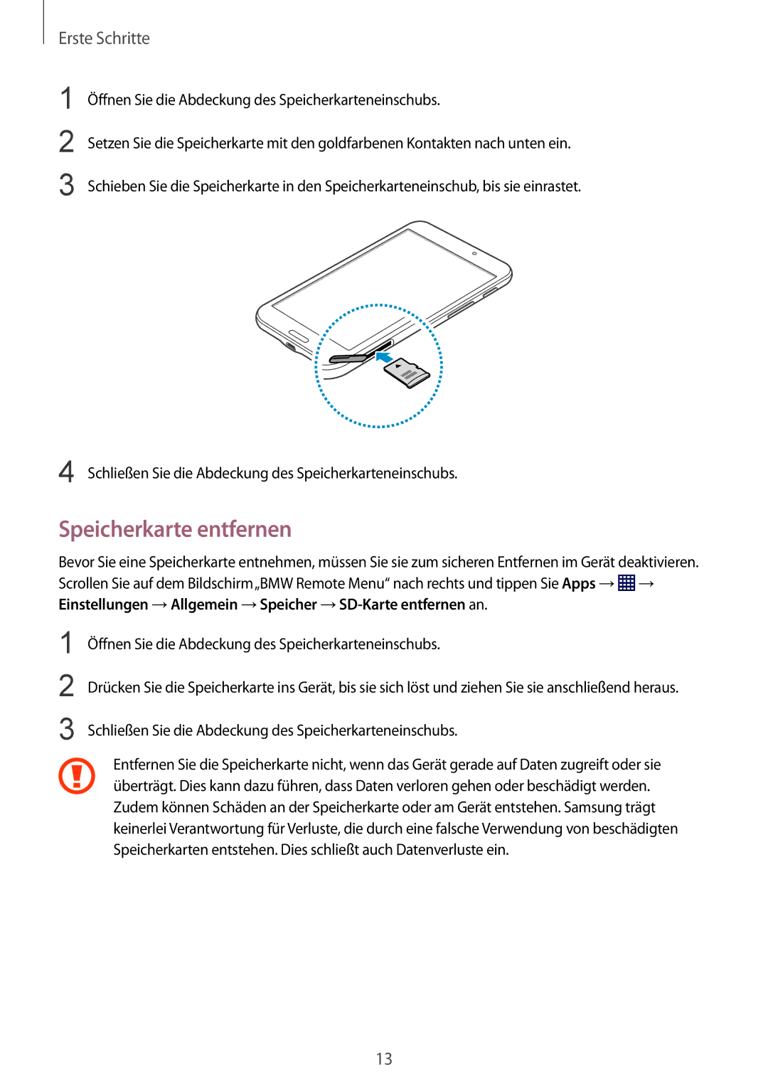 Samsung SM-T230NYKABMW, SM-T230NYKCBMW manual Speicherkarte entfernen 