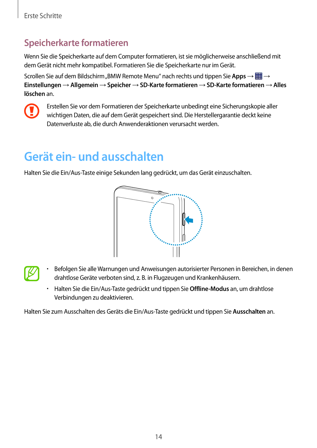 Samsung SM-T230NYKCBMW, SM-T230NYKABMW manual Gerät ein- und ausschalten, Speicherkarte formatieren 