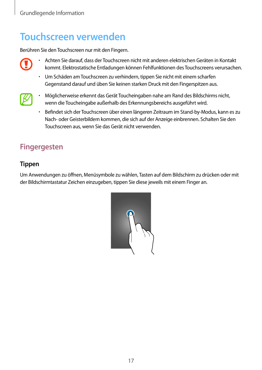 Samsung SM-T230NYKABMW, SM-T230NYKCBMW manual Touchscreen verwenden, Fingergesten, Tippen 