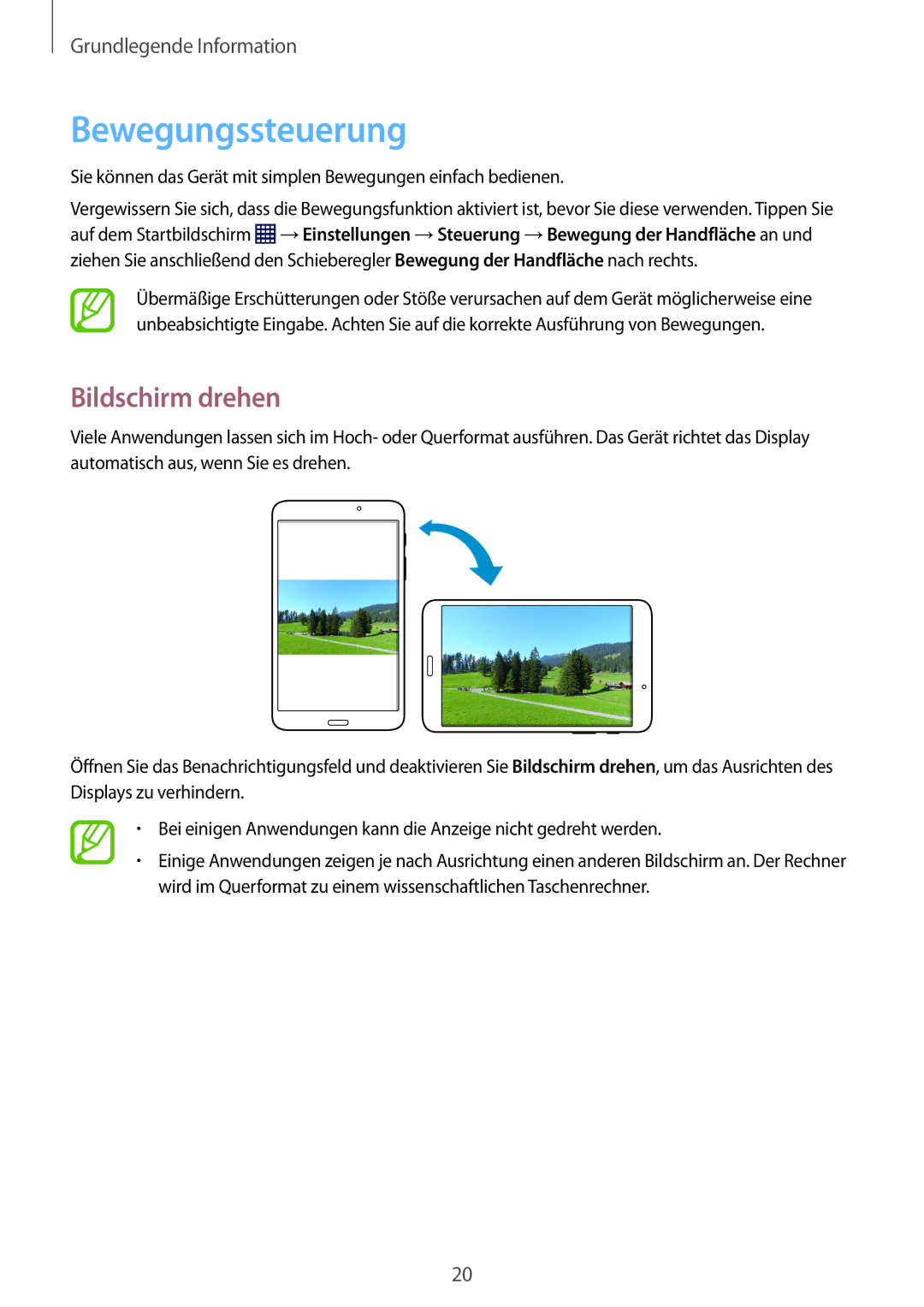 Samsung SM-T230NYKCBMW, SM-T230NYKABMW manual Bewegungssteuerung, Bildschirm drehen 