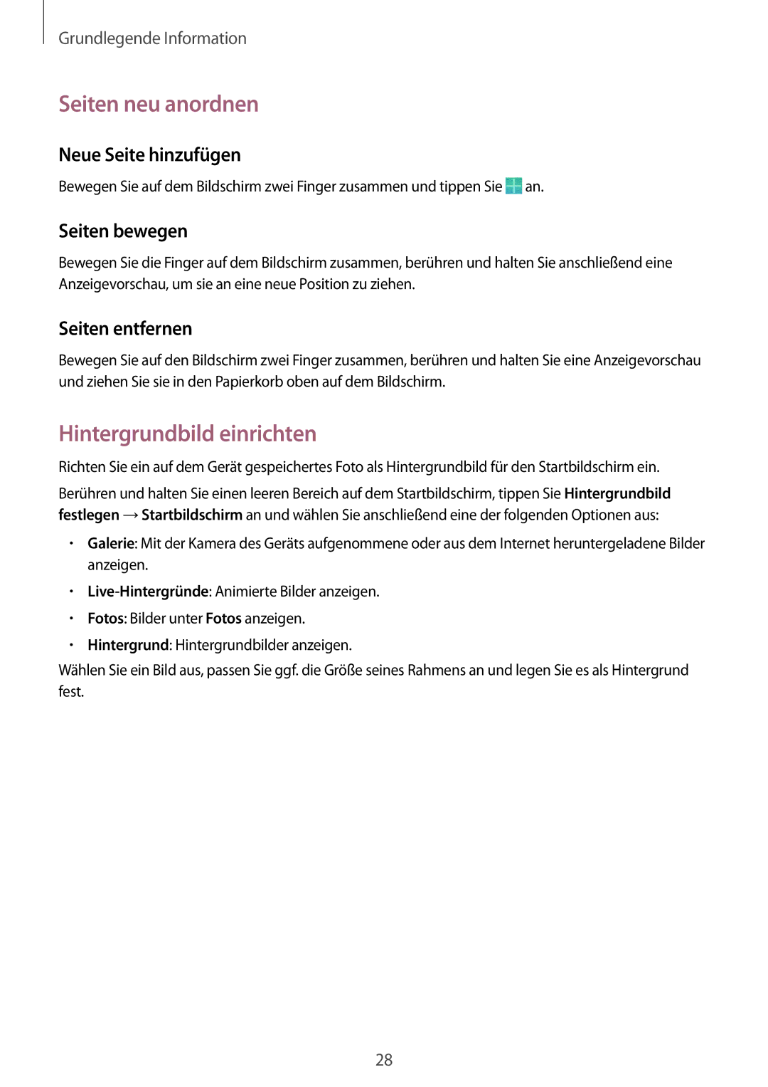 Samsung SM-T230NYKCBMW manual Seiten neu anordnen, Hintergrundbild einrichten, Neue Seite hinzufügen, Seiten bewegen 