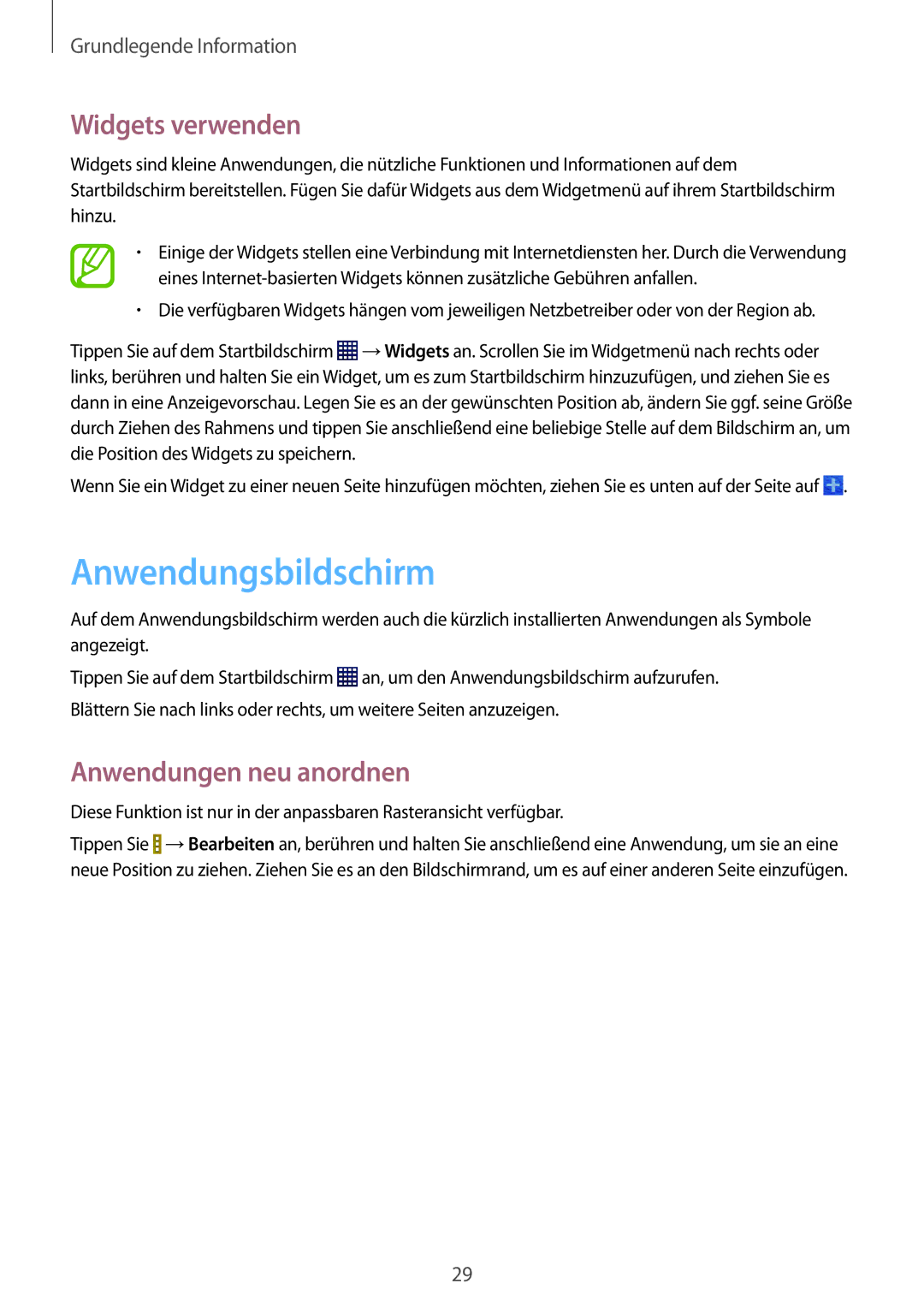 Samsung SM-T230NYKABMW, SM-T230NYKCBMW manual Anwendungsbildschirm, Widgets verwenden, Anwendungen neu anordnen 