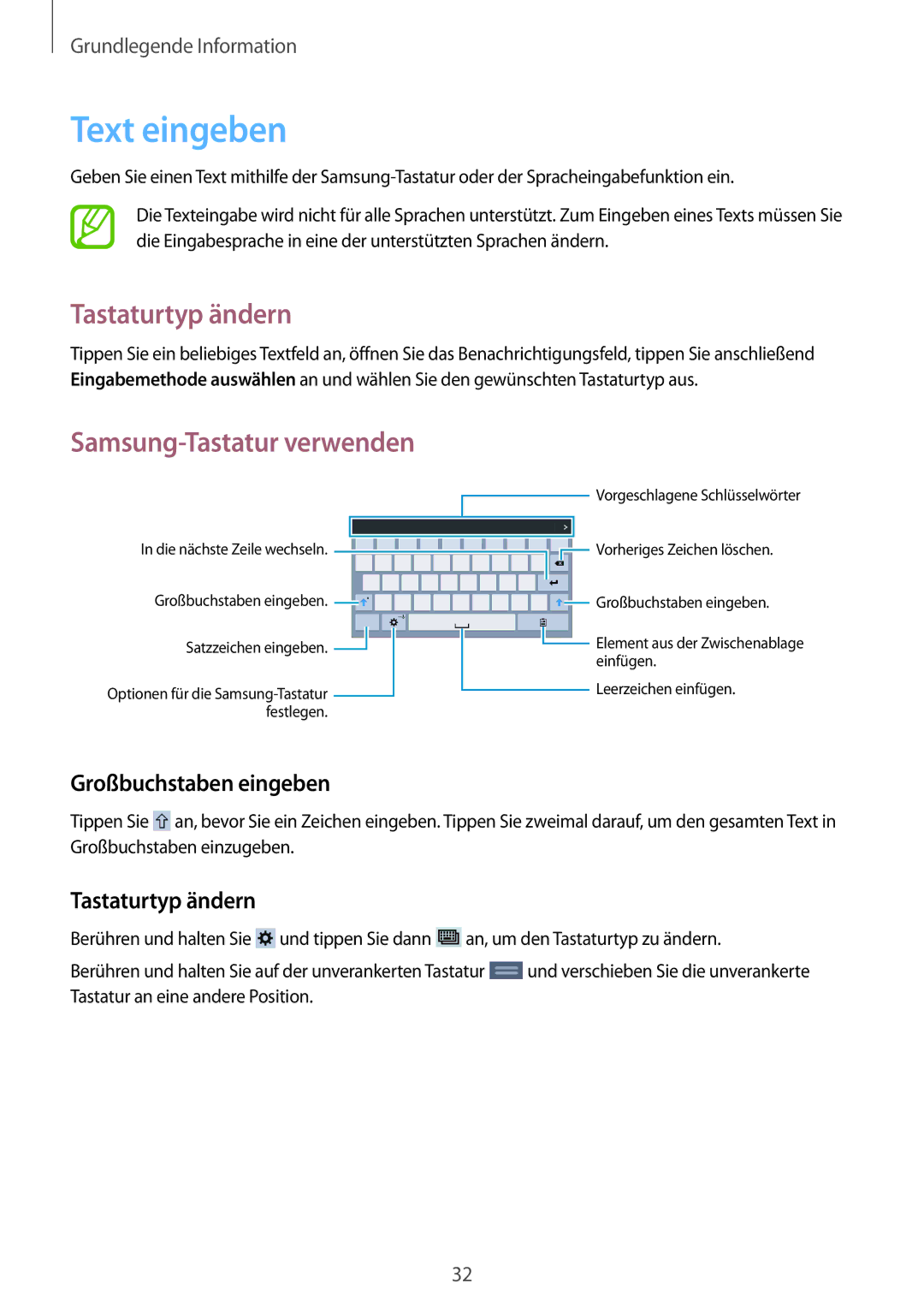 Samsung SM-T230NYKCBMW, SM-T230NYKABMW manual Text eingeben, Tastaturtyp ändern, Großbuchstaben eingeben 