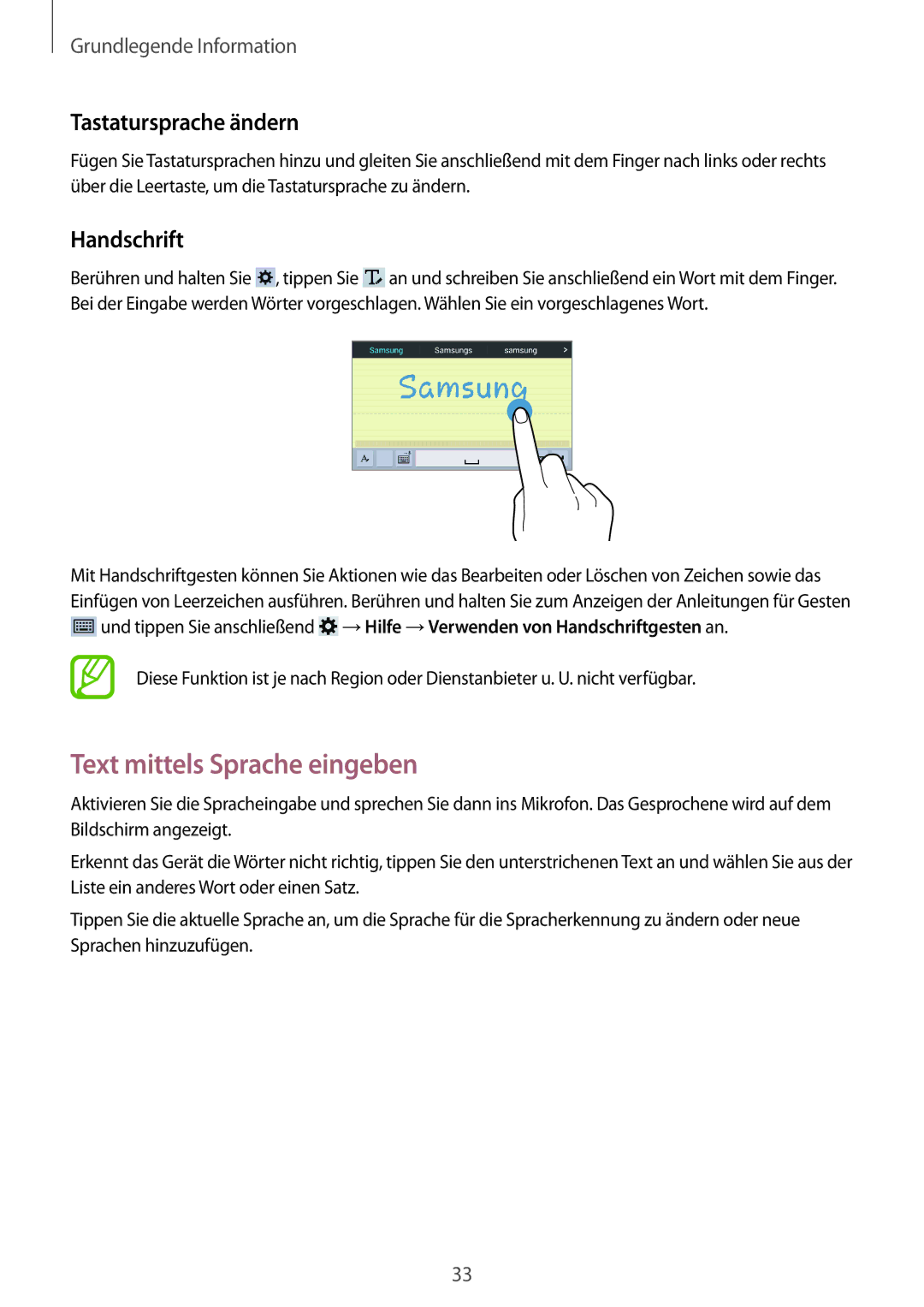 Samsung SM-T230NYKABMW, SM-T230NYKCBMW manual Text mittels Sprache eingeben, Tastatursprache ändern, Handschrift 