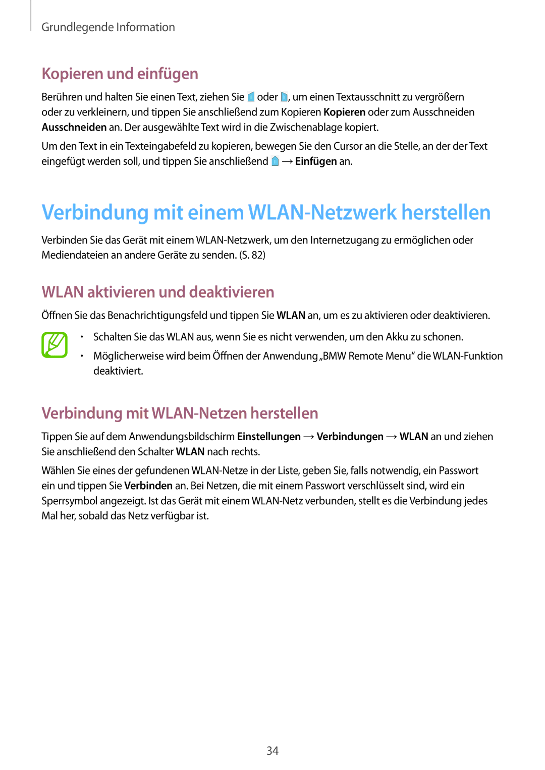 Samsung SM-T230NYKCBMW Kopieren und einfügen, Wlan aktivieren und deaktivieren, Verbindung mit WLAN-Netzen herstellen 