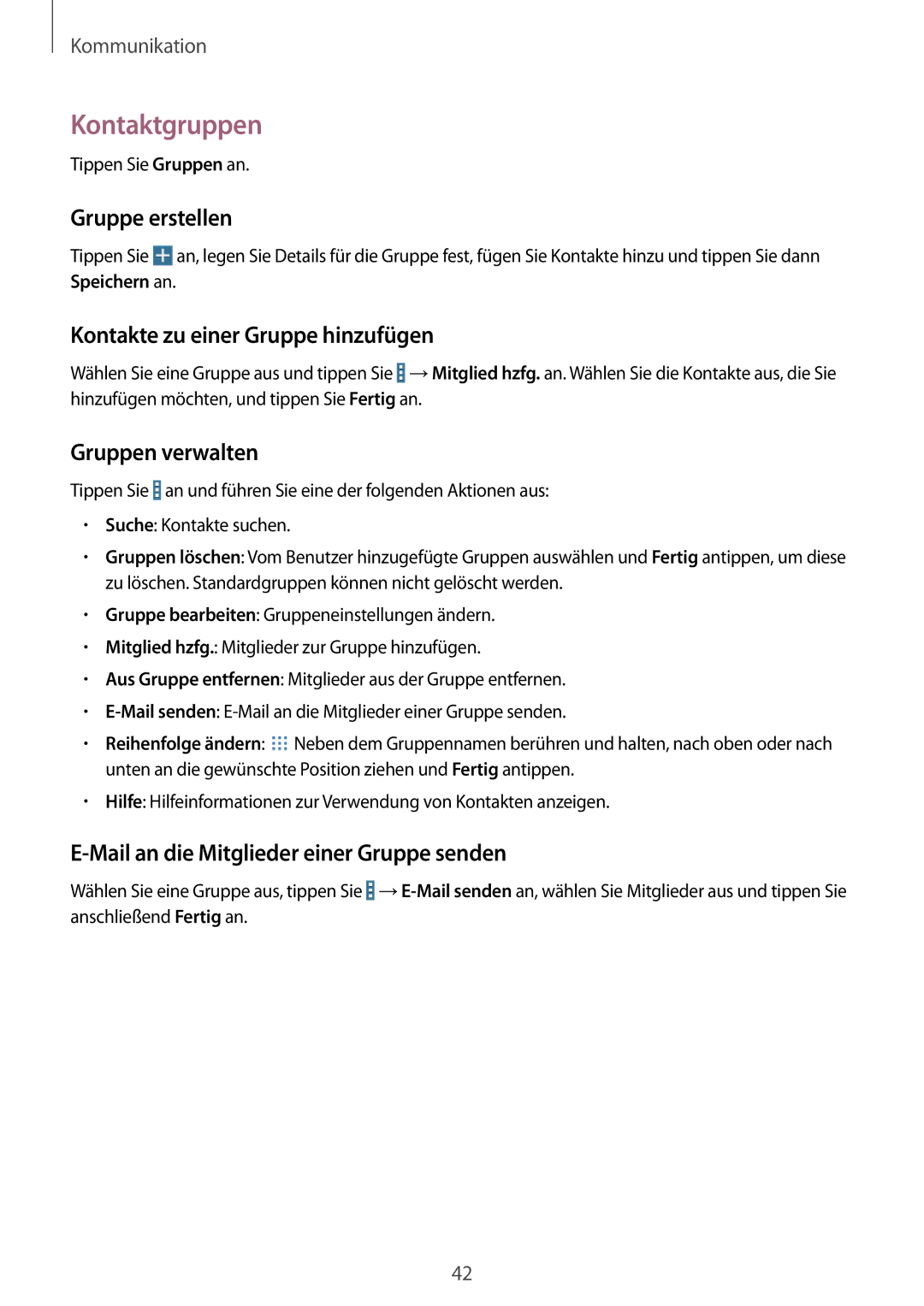 Samsung SM-T230NYKCBMW manual Kontaktgruppen, Gruppe erstellen, Kontakte zu einer Gruppe hinzufügen, Gruppen verwalten 