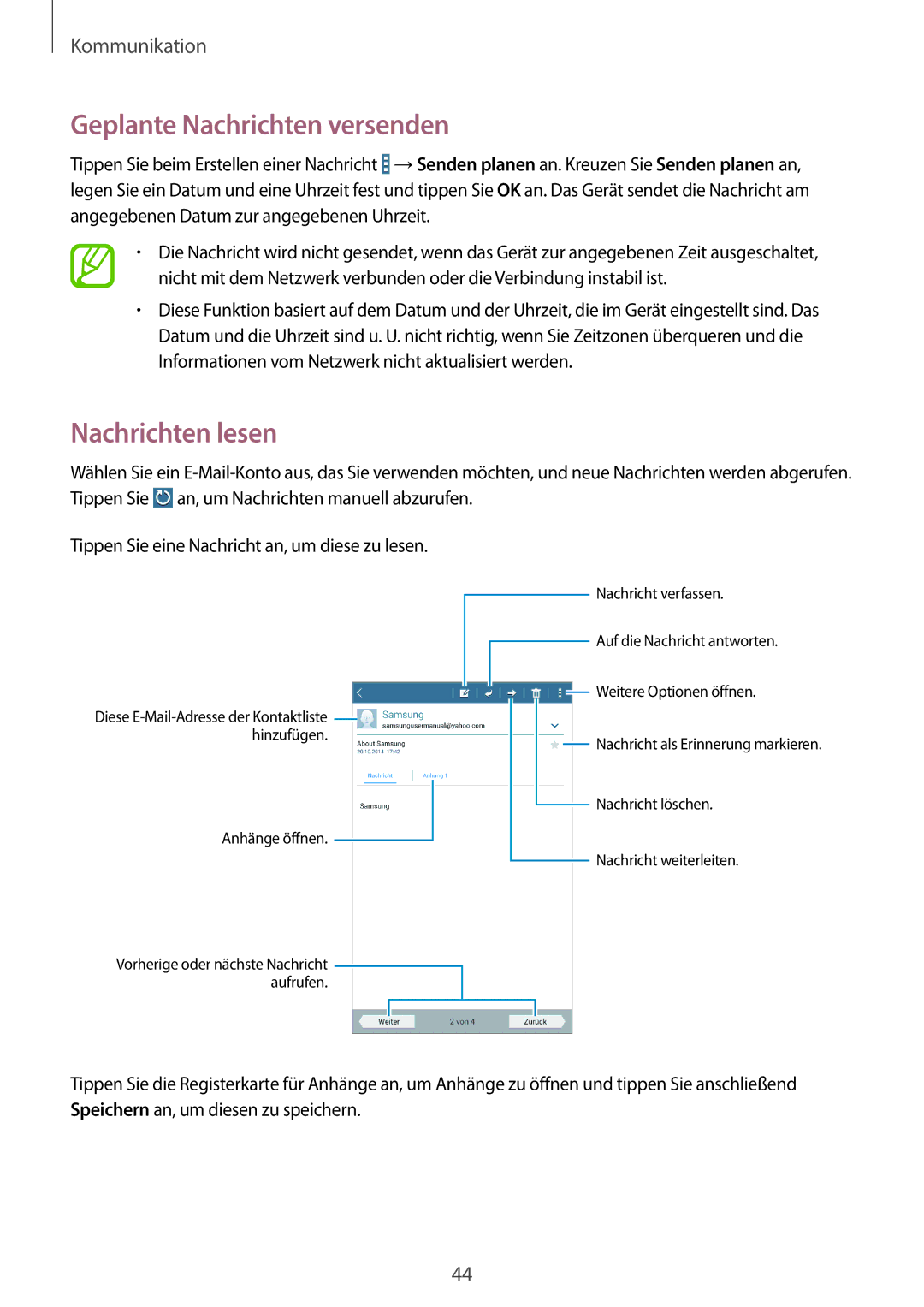 Samsung SM-T230NYKCBMW, SM-T230NYKABMW manual Geplante Nachrichten versenden, Nachrichten lesen 