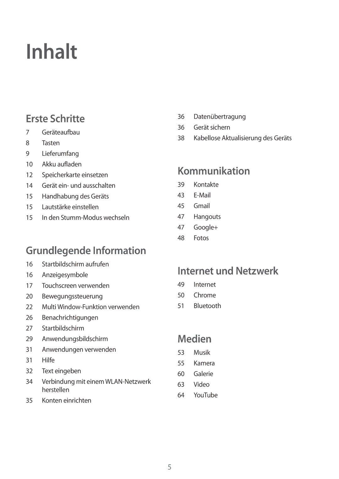 Samsung SM-T230NYKABMW, SM-T230NYKCBMW manual Inhalt, Erste Schritte 