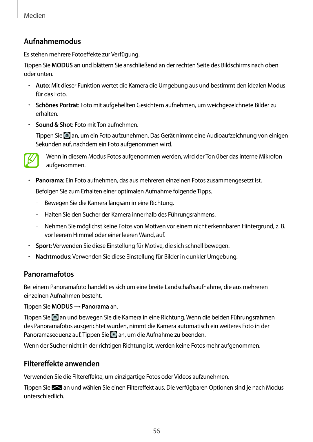 Samsung SM-T230NYKCBMW, SM-T230NYKABMW manual Aufnahmemodus, Panoramafotos, Filtereffekte anwenden 