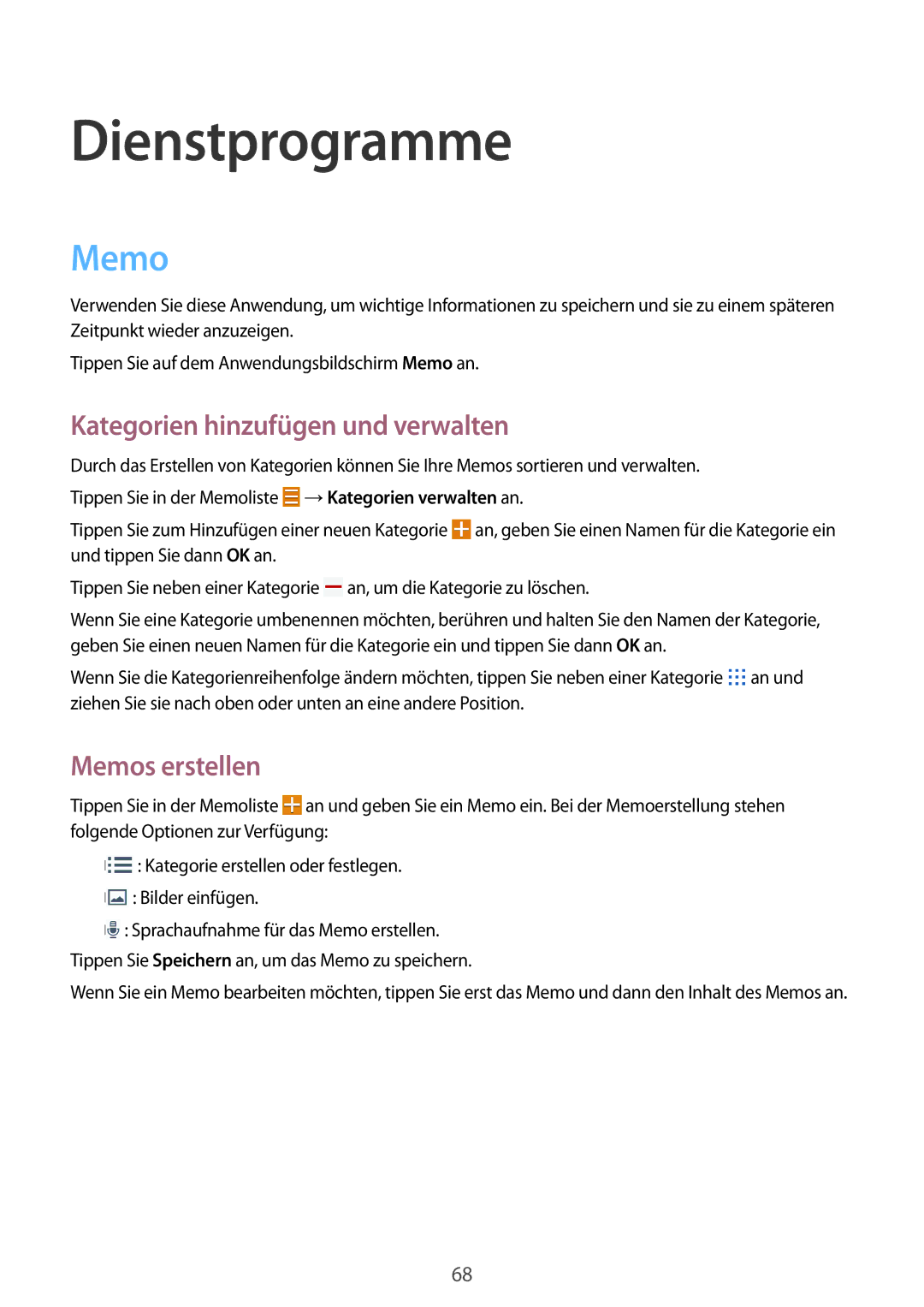 Samsung SM-T230NYKCBMW, SM-T230NYKABMW manual Dienstprogramme, Kategorien hinzufügen und verwalten, Memos erstellen 