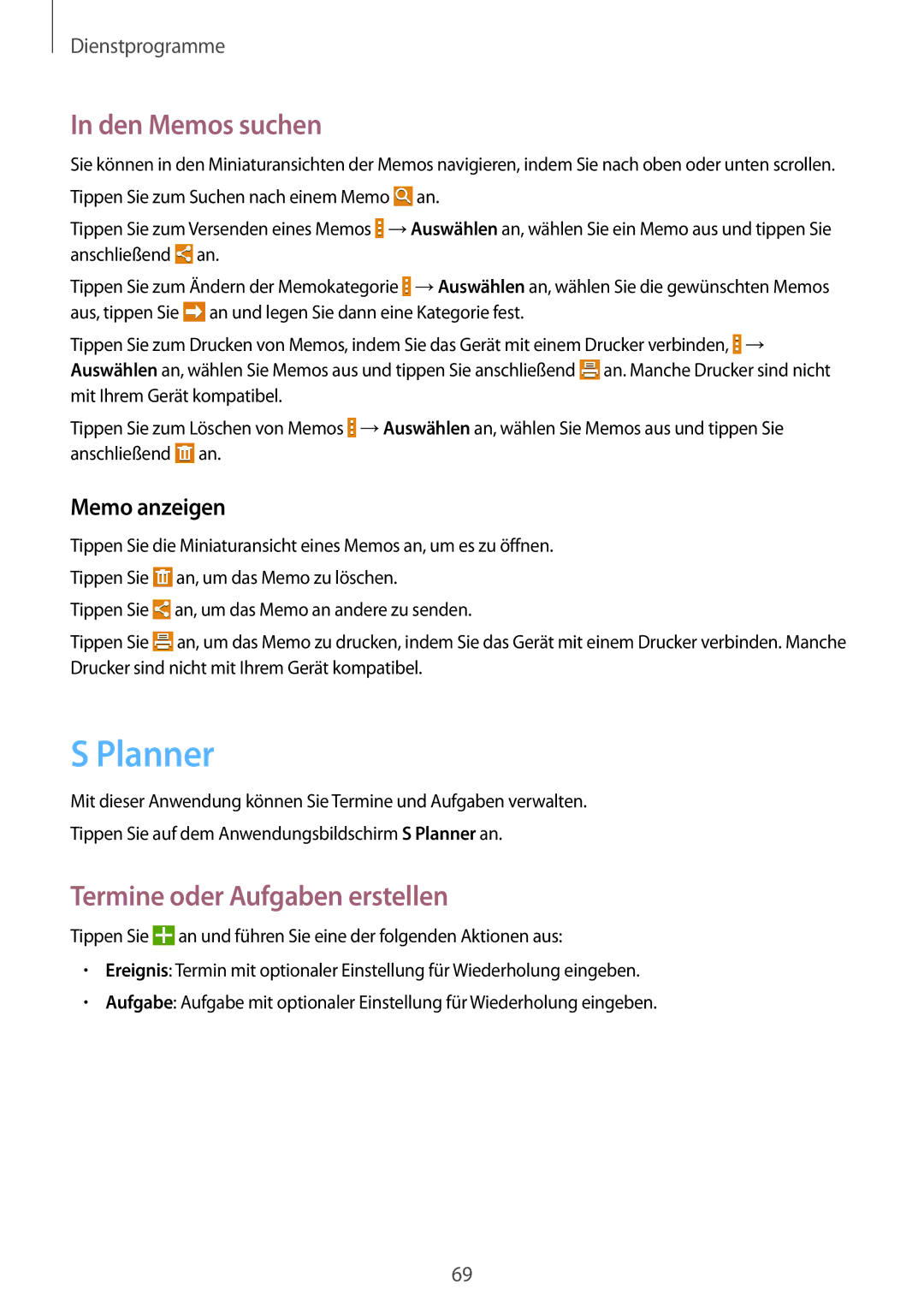 Samsung SM-T230NYKABMW, SM-T230NYKCBMW manual Planner, Den Memos suchen, Termine oder Aufgaben erstellen, Memo anzeigen 