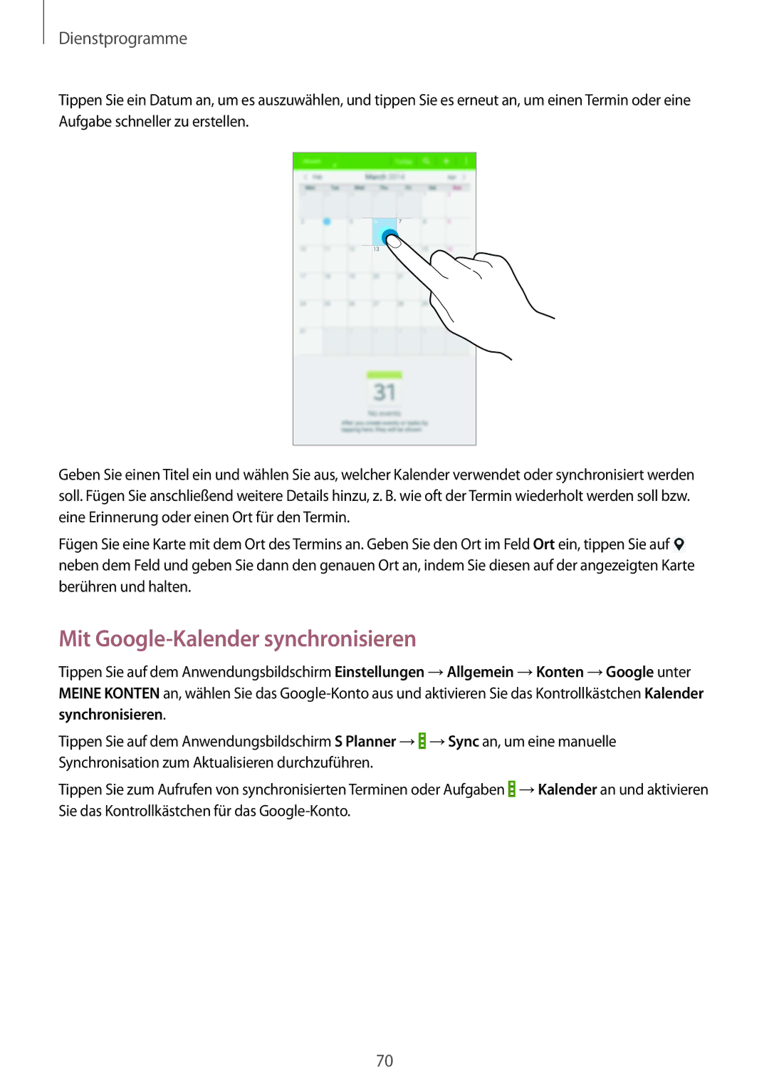 Samsung SM-T230NYKCBMW, SM-T230NYKABMW manual Mit Google-Kalender synchronisieren 