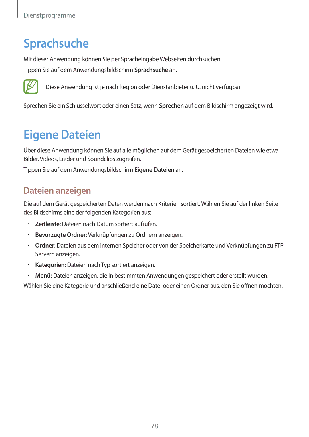 Samsung SM-T230NYKCBMW, SM-T230NYKABMW manual Sprachsuche, Eigene Dateien, Dateien anzeigen 