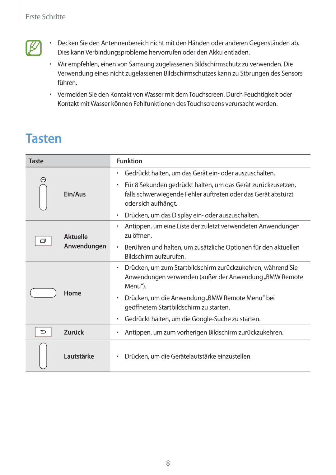 Samsung SM-T230NYKCBMW, SM-T230NYKABMW manual Tasten, Erste Schritte 