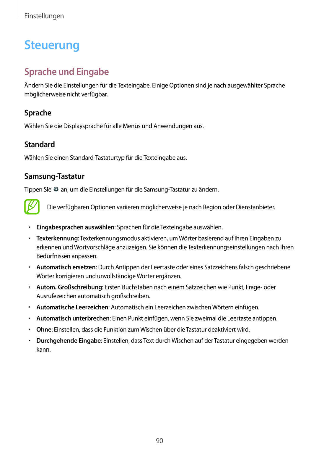 Samsung SM-T230NYKCBMW, SM-T230NYKABMW manual Steuerung, Sprache und Eingabe, Standard, Samsung-Tastatur 