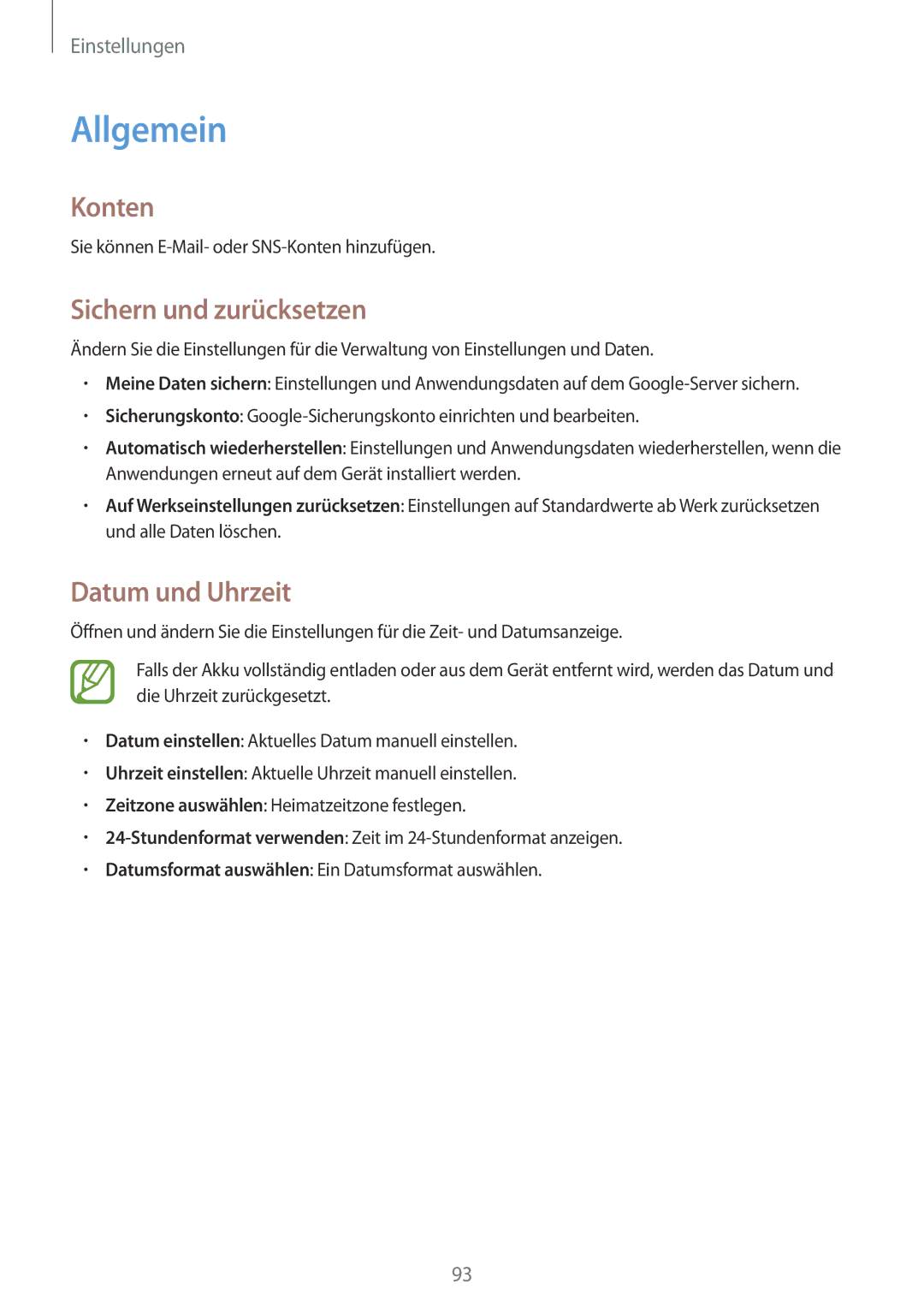 Samsung SM-T230NYKABMW, SM-T230NYKCBMW manual Allgemein, Konten, Sichern und zurücksetzen, Datum und Uhrzeit 