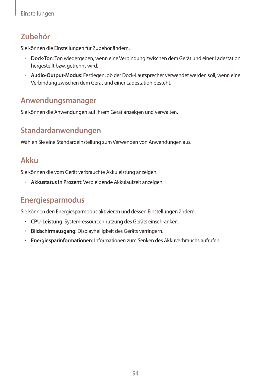 Samsung SM-T230NYKCBMW, SM-T230NYKABMW manual Zubehör, Anwendungsmanager, Standardanwendungen, Akku, Energiesparmodus 