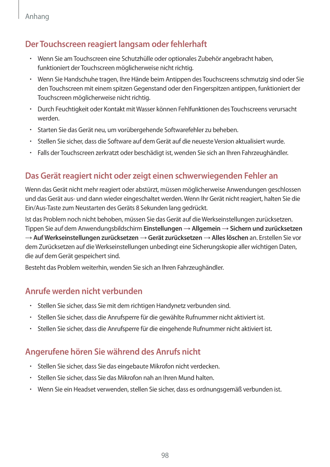 Samsung SM-T230NYKCBMW, SM-T230NYKABMW manual Der Touchscreen reagiert langsam oder fehlerhaft 