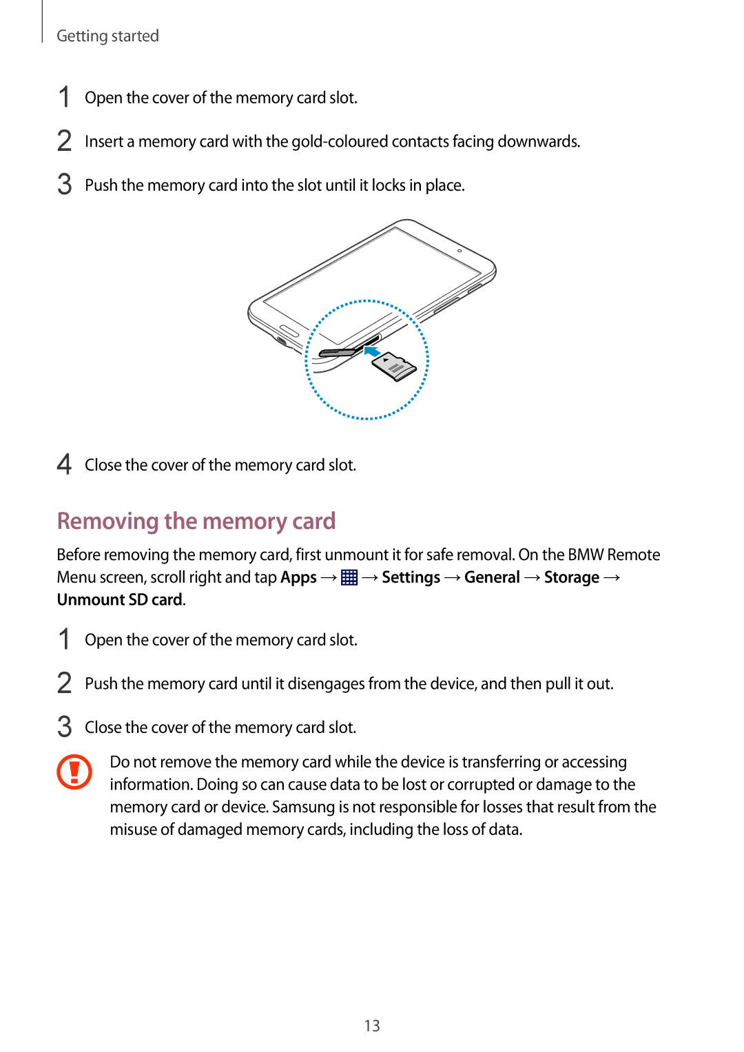 Samsung SM-T230NYKABMW, SM-T230NYKCBMW manual Removing the memory card 