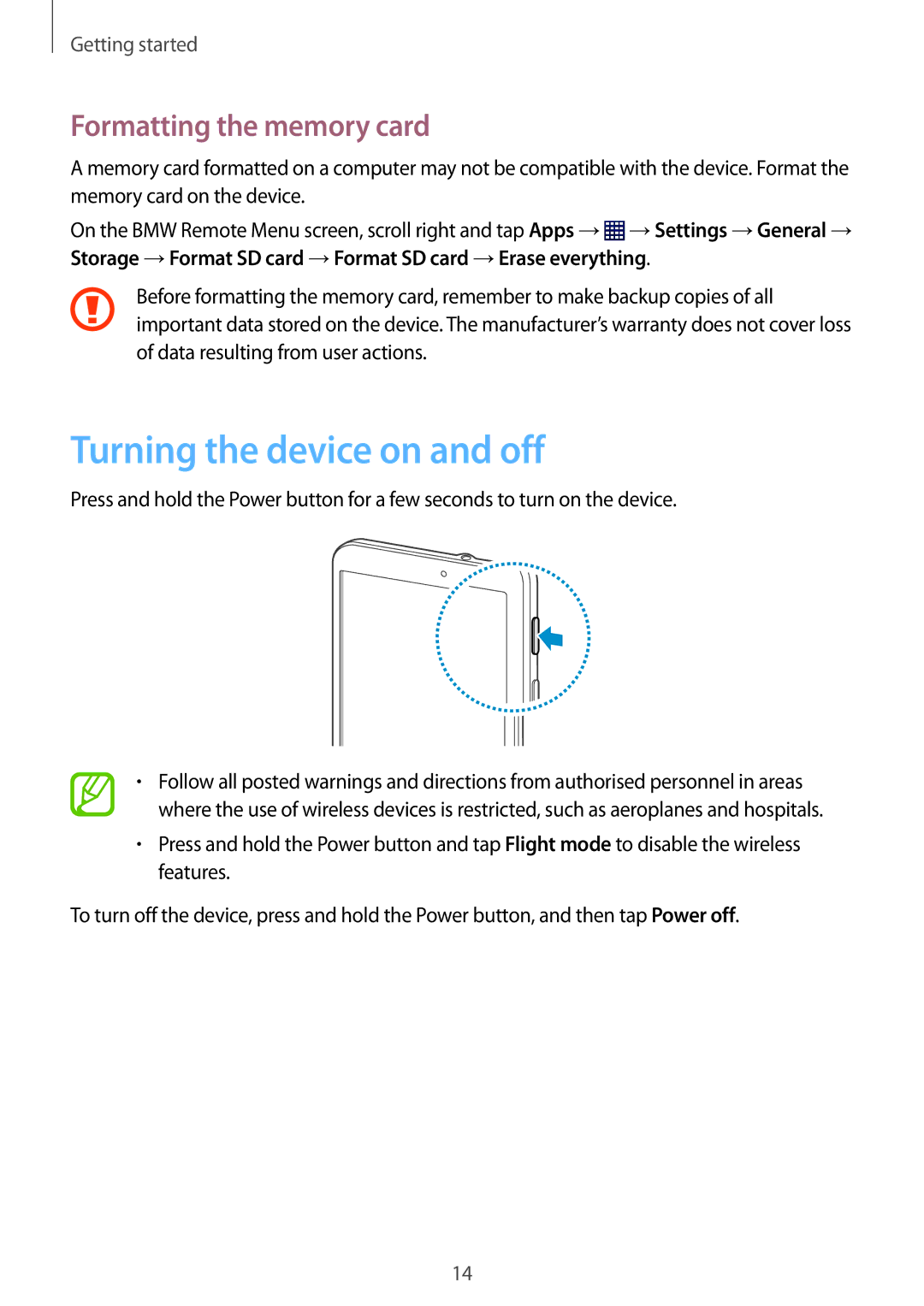 Samsung SM-T230NYKCBMW, SM-T230NYKABMW manual Turning the device on and off, Formatting the memory card 