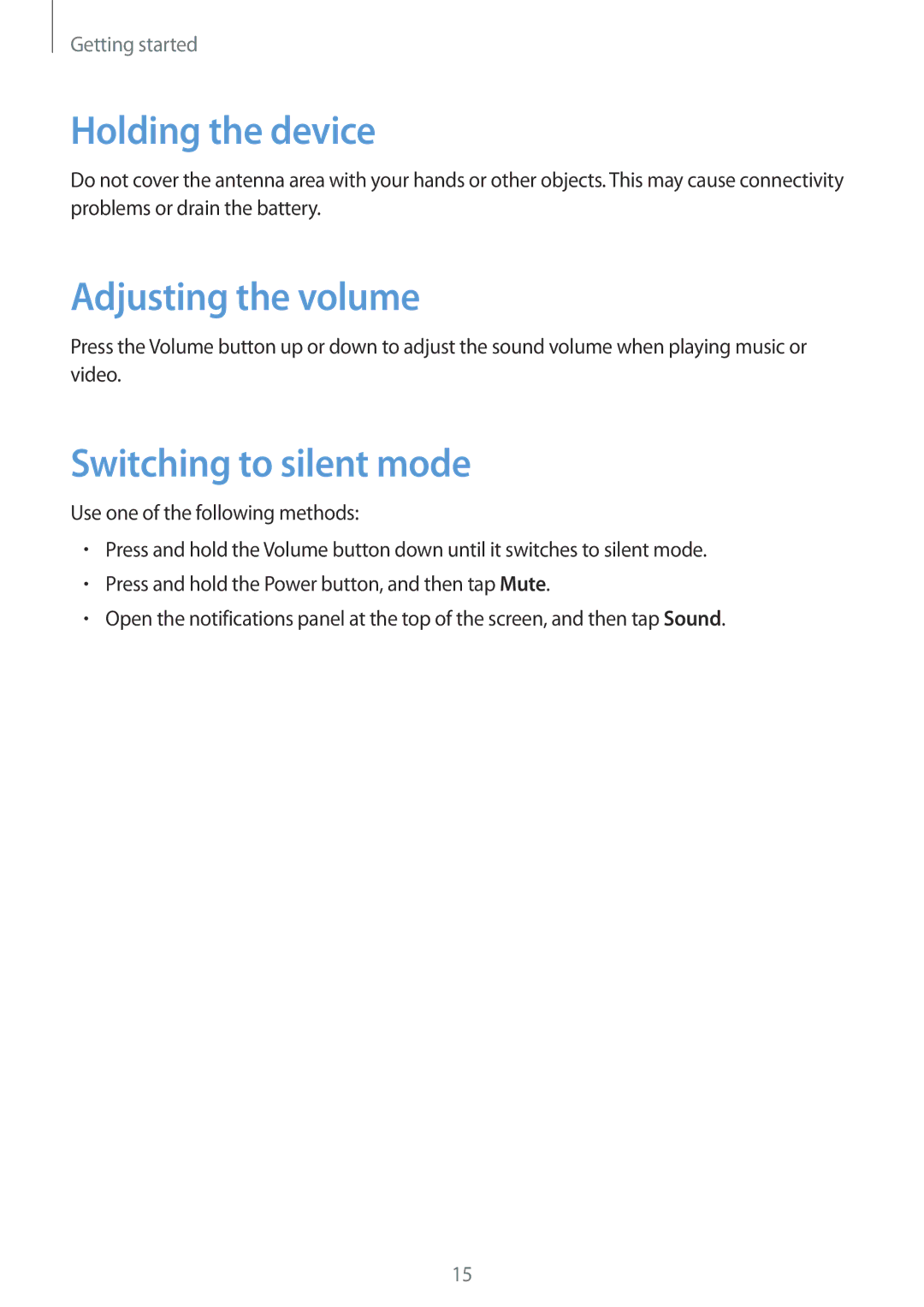 Samsung SM-T230NYKABMW, SM-T230NYKCBMW manual Holding the device, Adjusting the volume, Switching to silent mode 