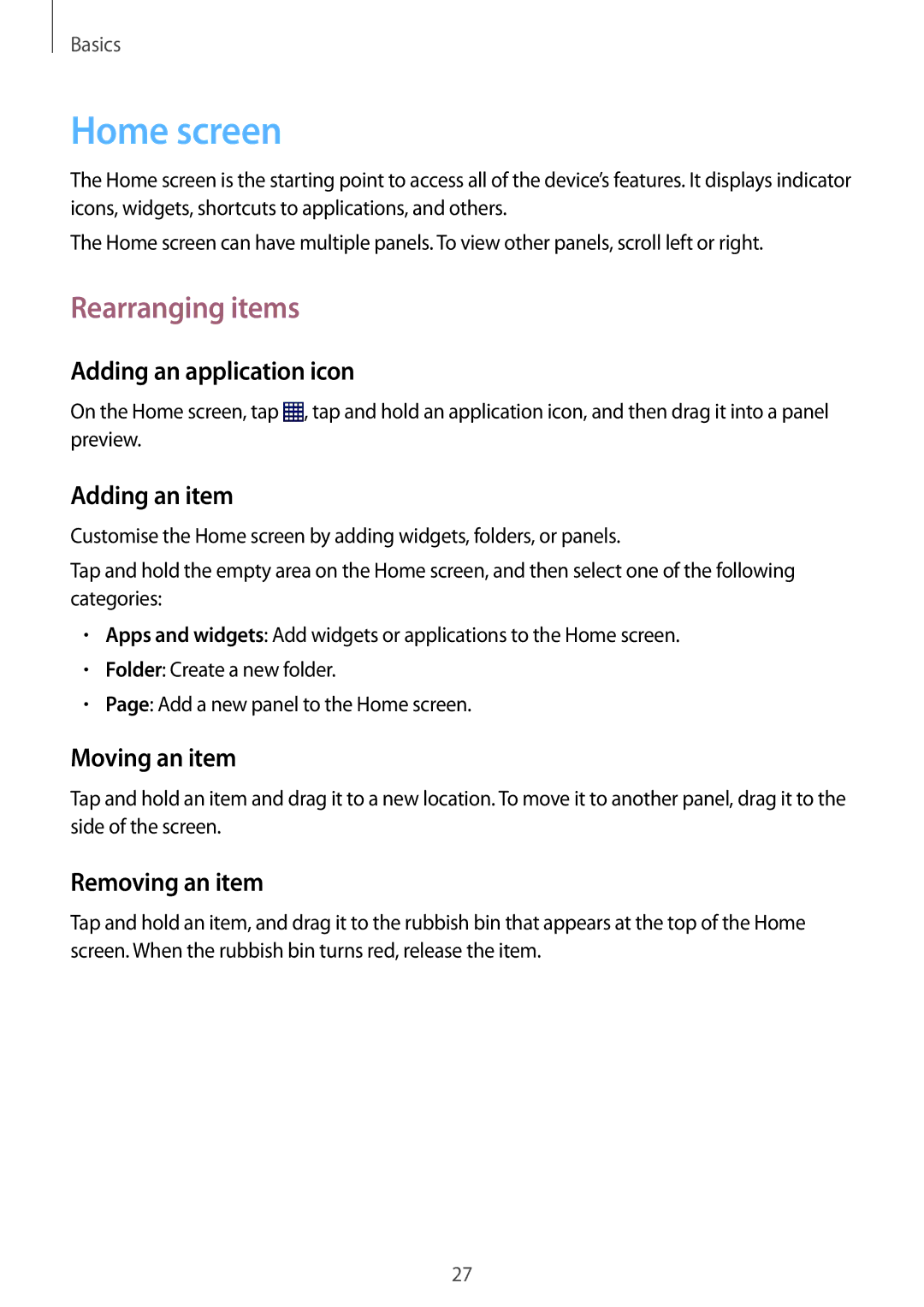 Samsung SM-T230NYKABMW, SM-T230NYKCBMW manual Home screen, Rearranging items 