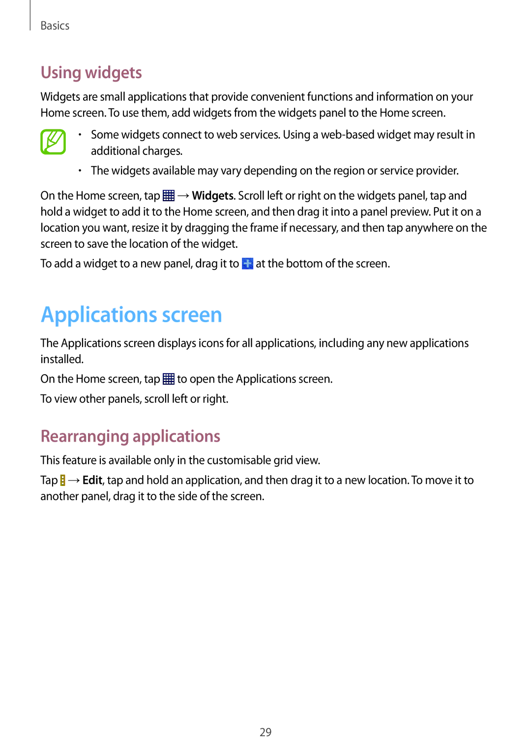 Samsung SM-T230NYKABMW, SM-T230NYKCBMW manual Applications screen, Using widgets, Rearranging applications 