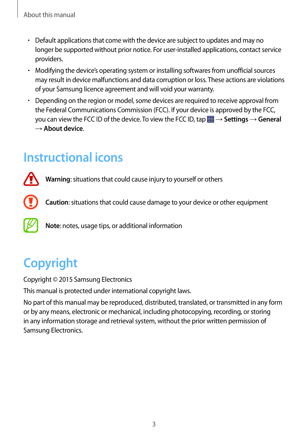 Samsung SM-T230NYKABMW, SM-T230NYKCBMW manual Instructional icons Copyright, →About device 