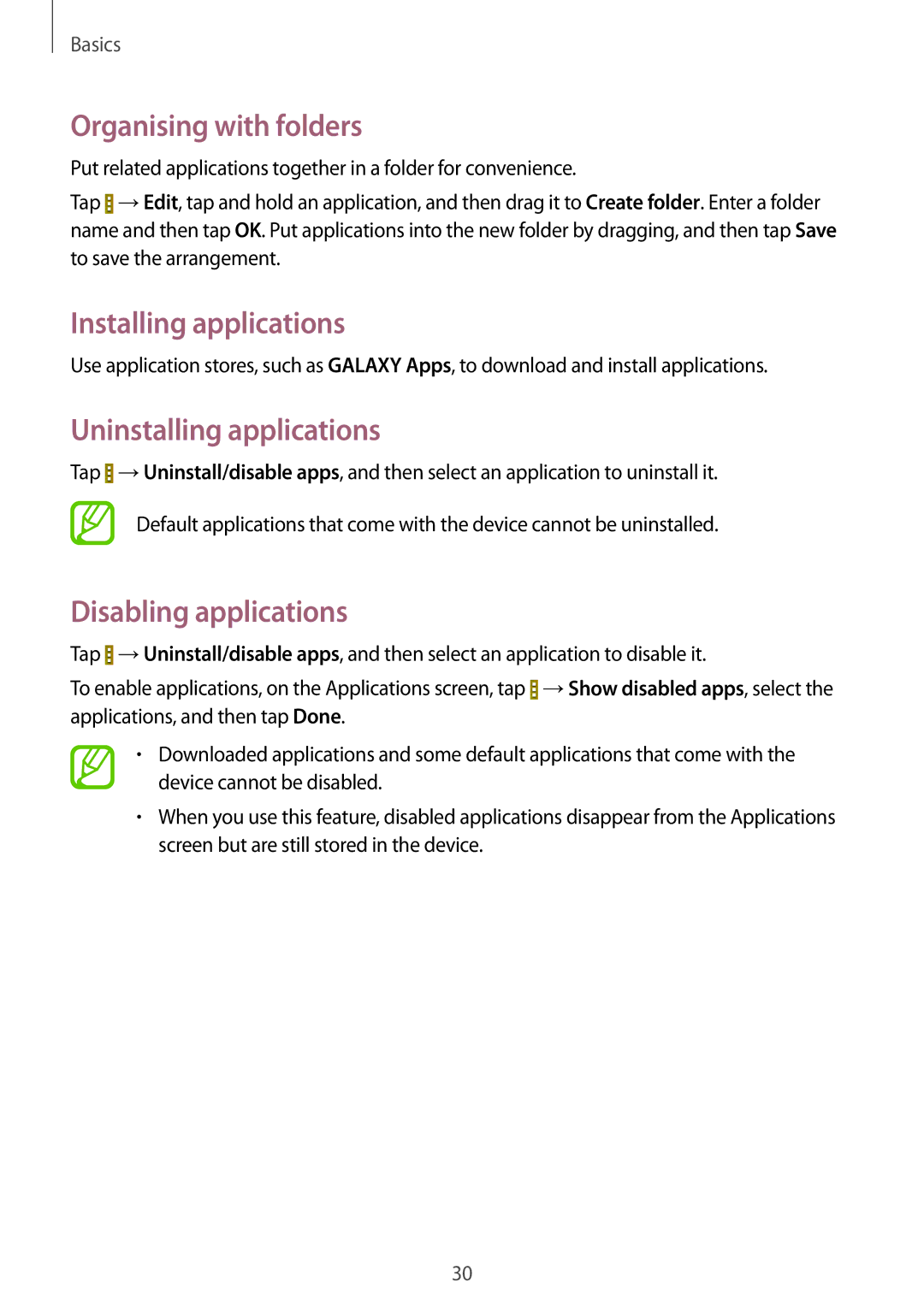 Samsung SM-T230NYKCBMW Organising with folders, Installing applications, Uninstalling applications, Disabling applications 