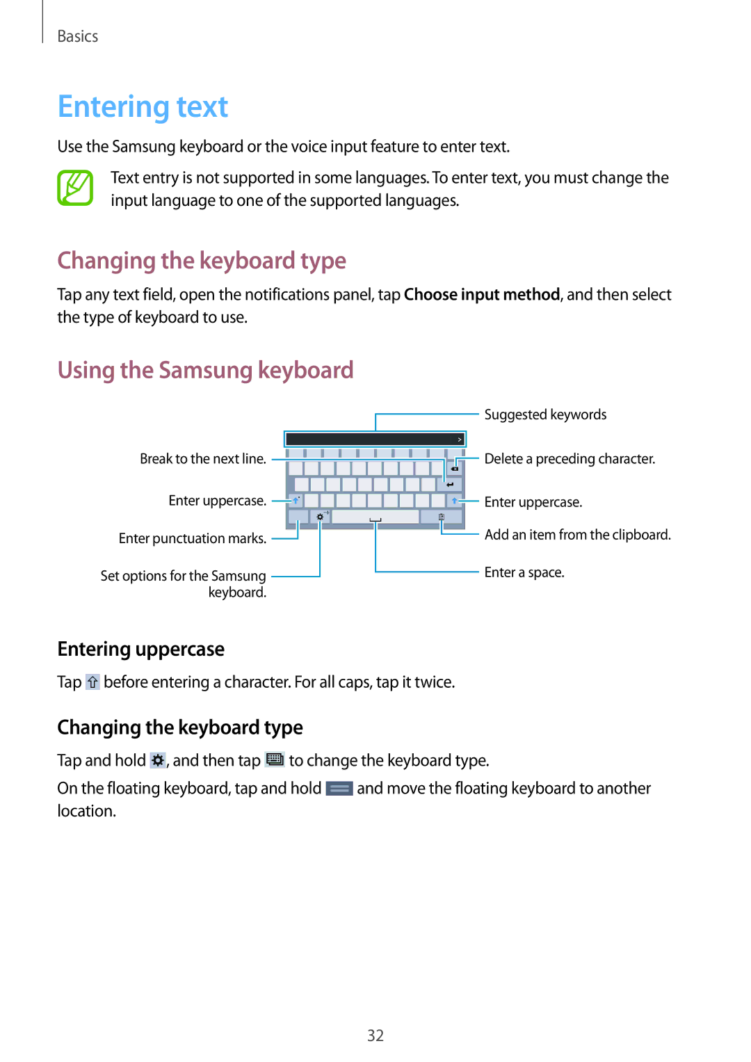 Samsung SM-T230NYKCBMW, SM-T230NYKABMW manual Entering text, Changing the keyboard type, Entering uppercase 