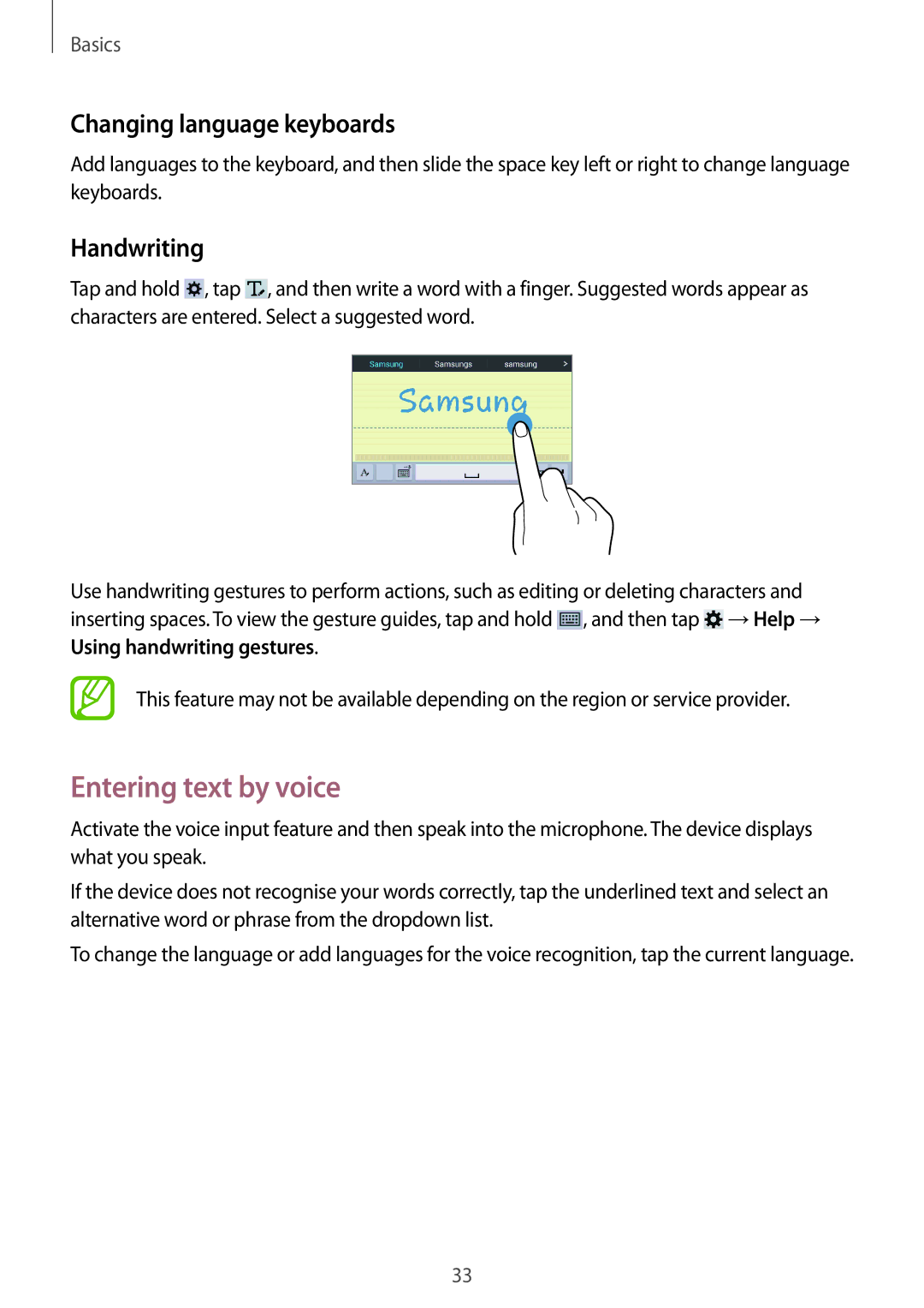 Samsung SM-T230NYKABMW, SM-T230NYKCBMW manual Entering text by voice, Changing language keyboards, Handwriting 