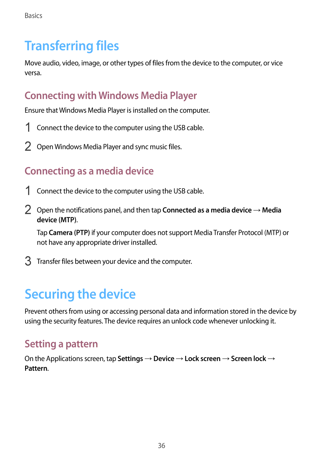 Samsung SM-T230NYKCBMW Transferring files, Securing the device, Connecting with Windows Media Player, Setting a pattern 