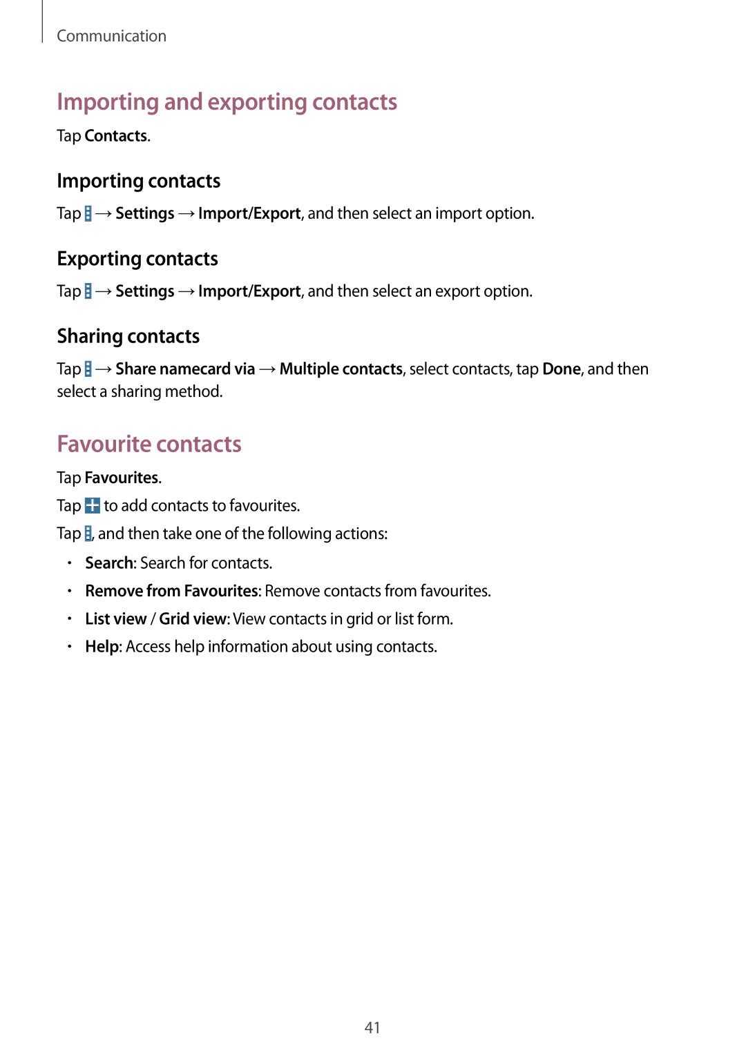 Samsung SM-T230NYKABMW manual Importing and exporting contacts, Favourite contacts, Importing contacts, Exporting contacts 