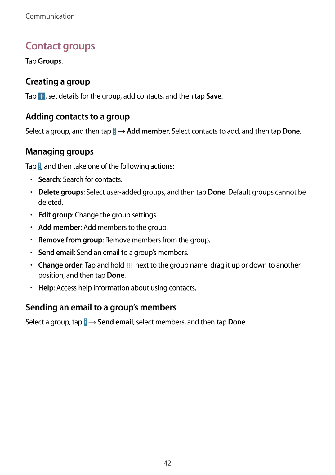 Samsung SM-T230NYKCBMW, SM-T230NYKABMW manual Contact groups, Creating a group, Adding contacts to a group, Managing groups 