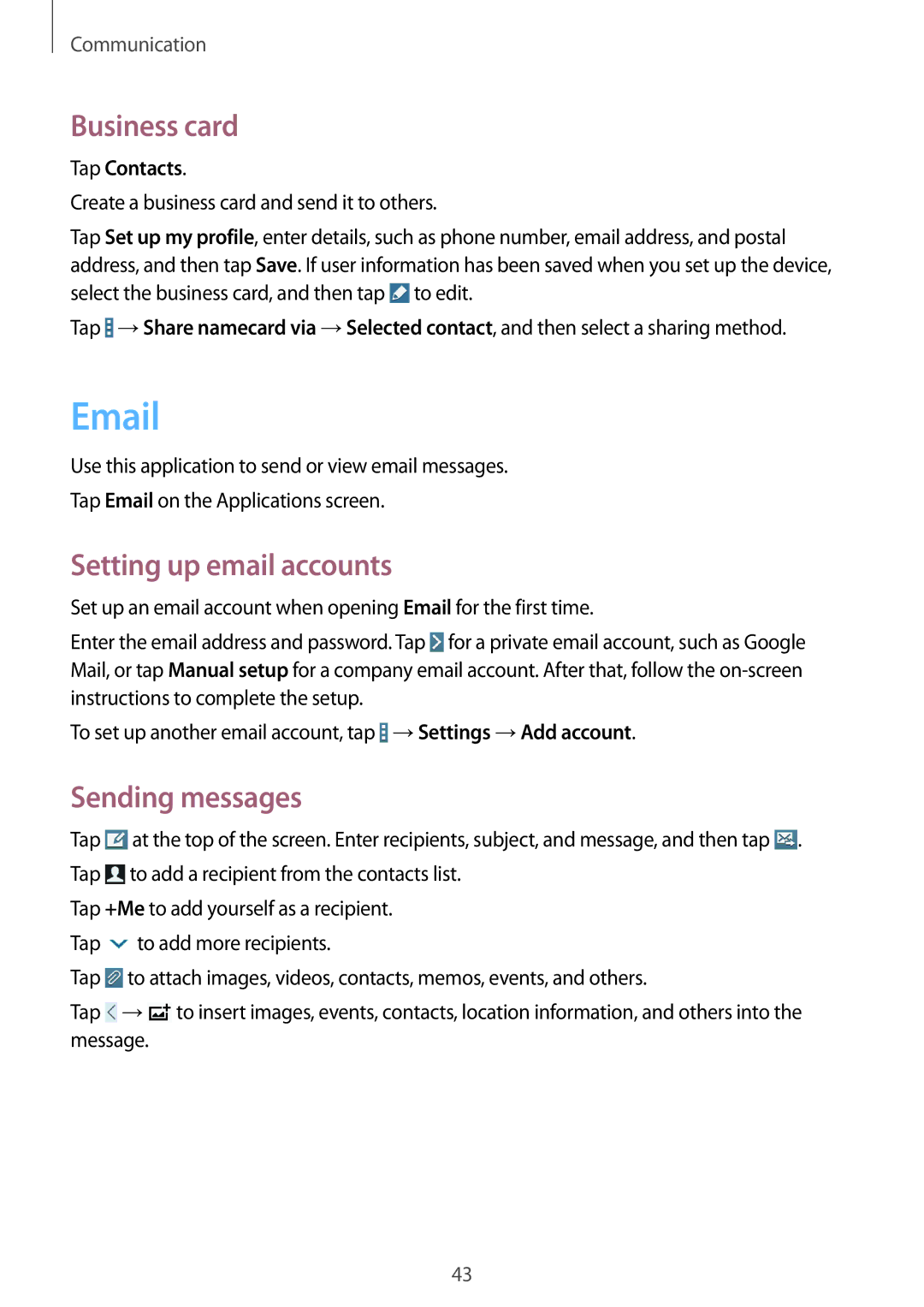 Samsung SM-T230NYKABMW, SM-T230NYKCBMW manual Business card, Setting up email accounts, Sending messages 