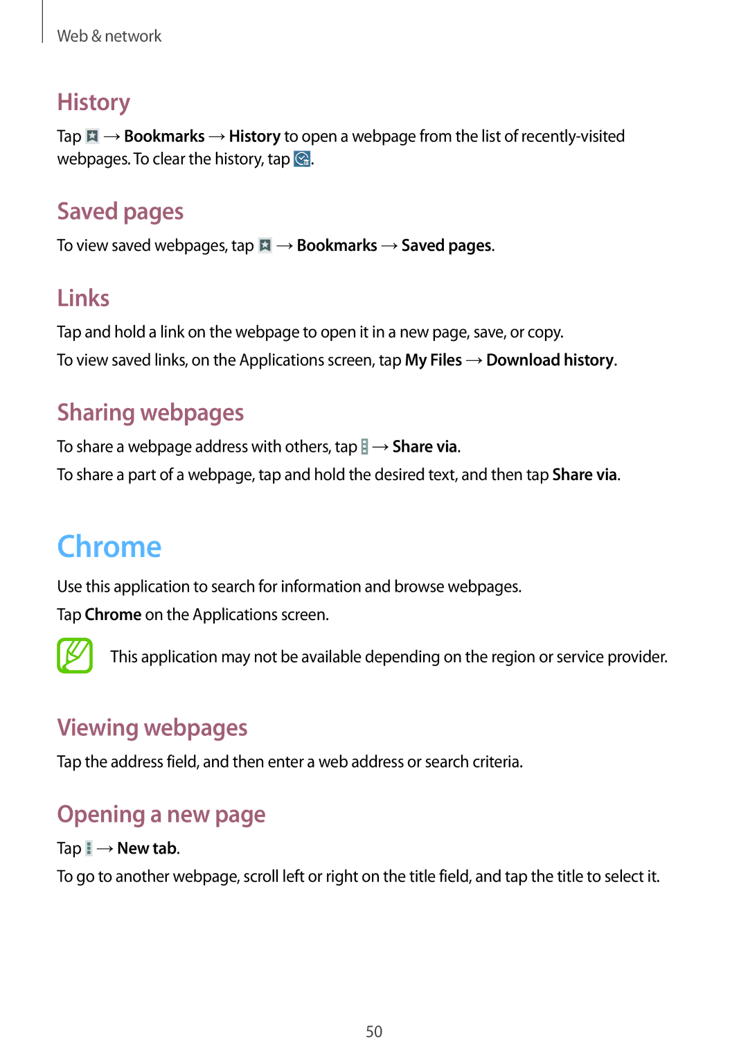 Samsung SM-T230NYKCBMW, SM-T230NYKABMW manual Chrome, History, Saved pages, Links, Sharing webpages 