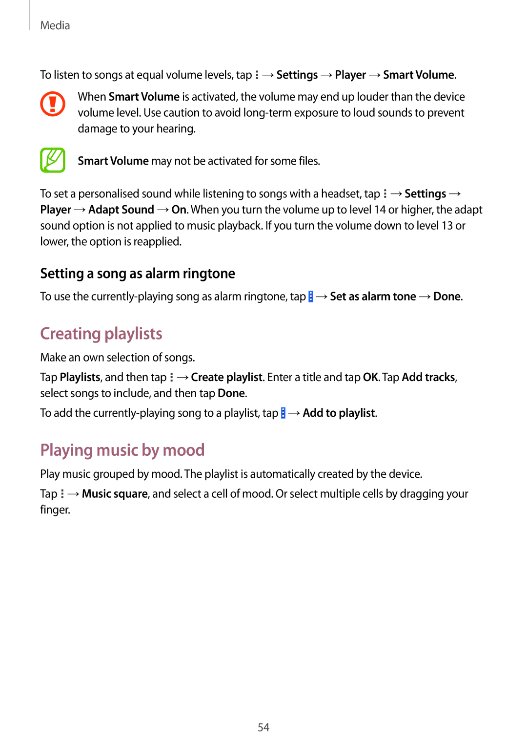 Samsung SM-T230NYKCBMW, SM-T230NYKABMW manual Creating playlists, Playing music by mood, Setting a song as alarm ringtone 