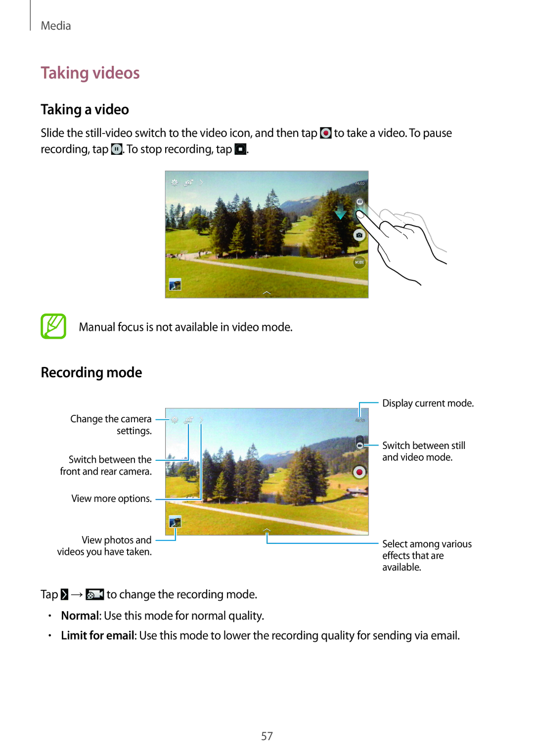 Samsung SM-T230NYKABMW, SM-T230NYKCBMW manual Taking videos, Taking a video, Recording mode 