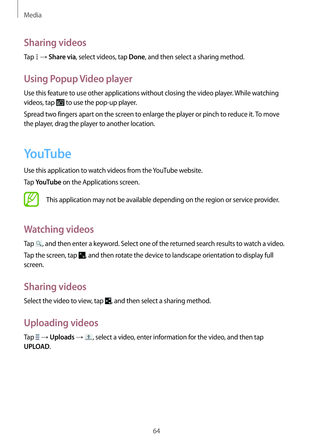 Samsung SM-T230NYKCBMW manual YouTube, Sharing videos, Using Popup Video player, Watching videos, Uploading videos 