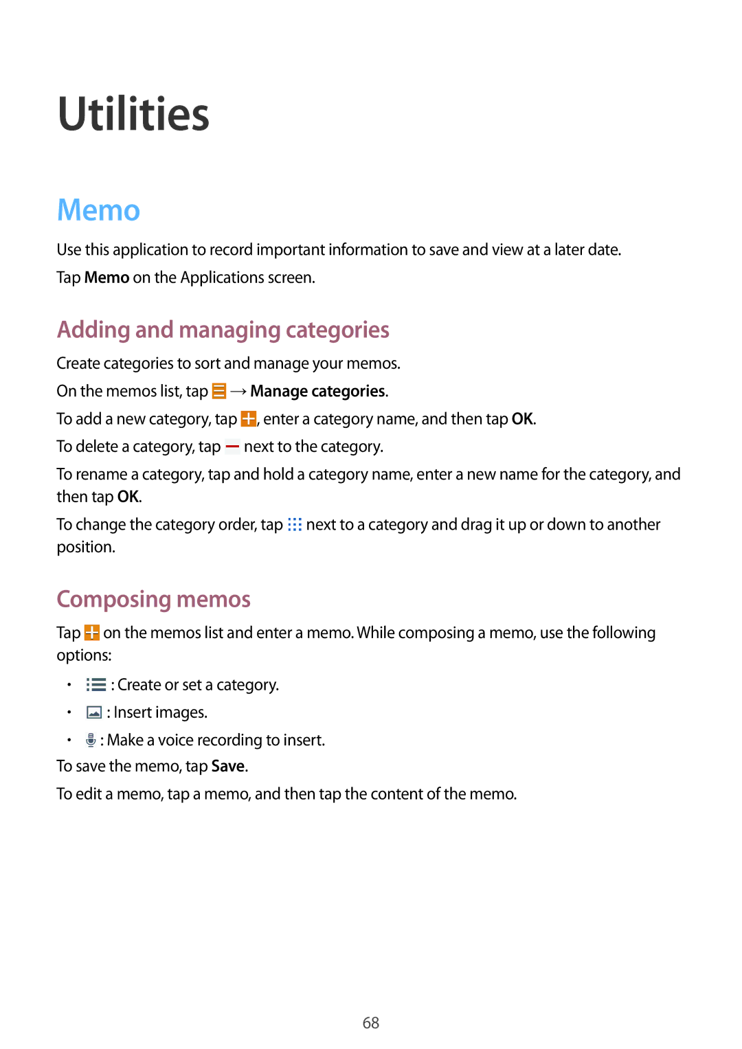 Samsung SM-T230NYKCBMW, SM-T230NYKABMW manual Utilities, Memo, Adding and managing categories, Composing memos 