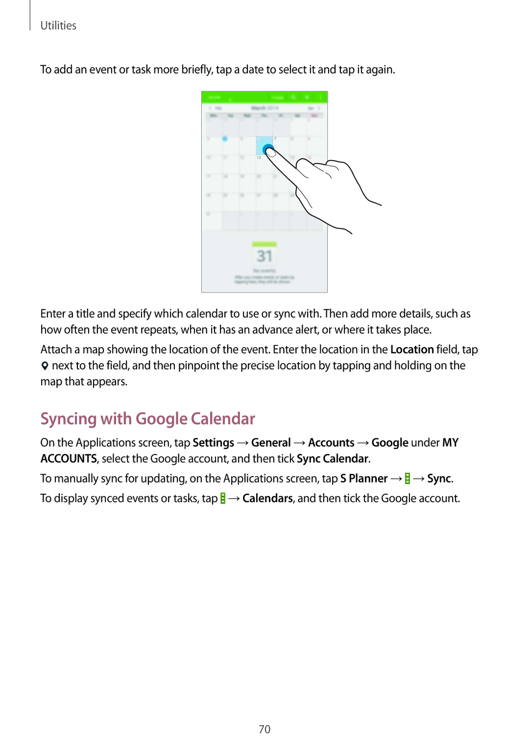 Samsung SM-T230NYKCBMW, SM-T230NYKABMW manual Syncing with Google Calendar 