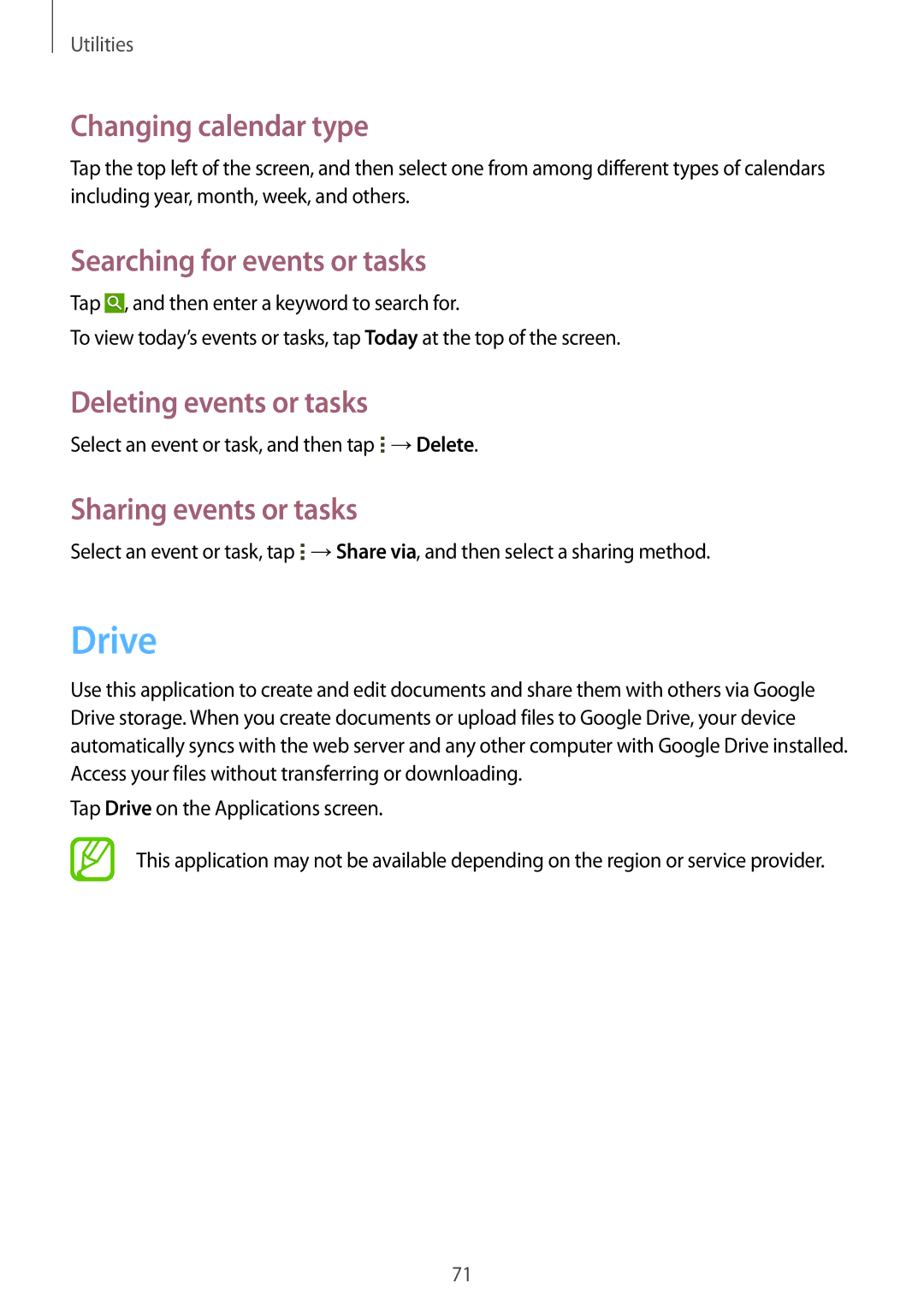 Samsung SM-T230NYKABMW manual Drive, Changing calendar type, Searching for events or tasks, Deleting events or tasks 