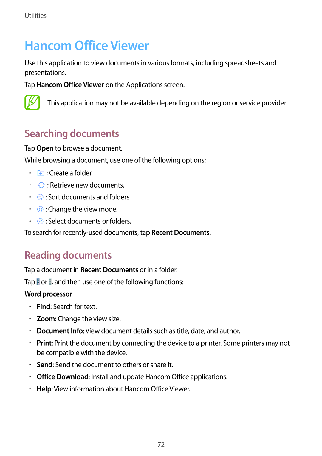 Samsung SM-T230NYKCBMW, SM-T230NYKABMW manual Hancom Office Viewer, Searching documents, Reading documents, Word processor 