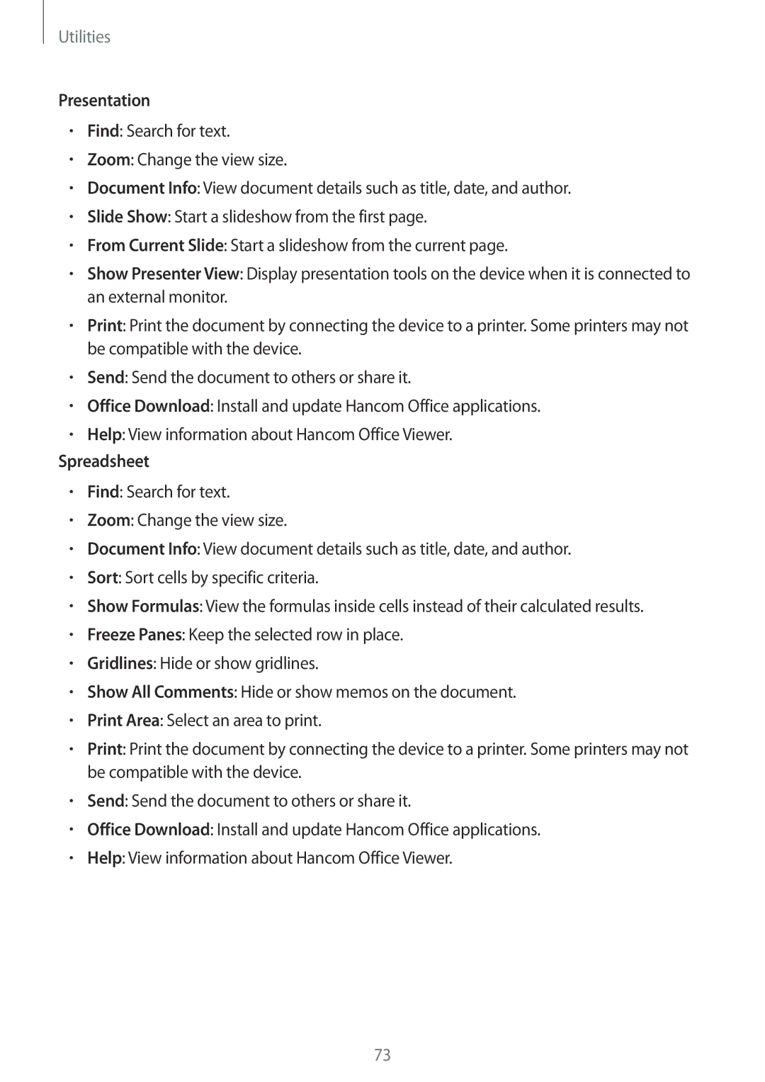 Samsung SM-T230NYKABMW, SM-T230NYKCBMW manual Presentation, Spreadsheet 