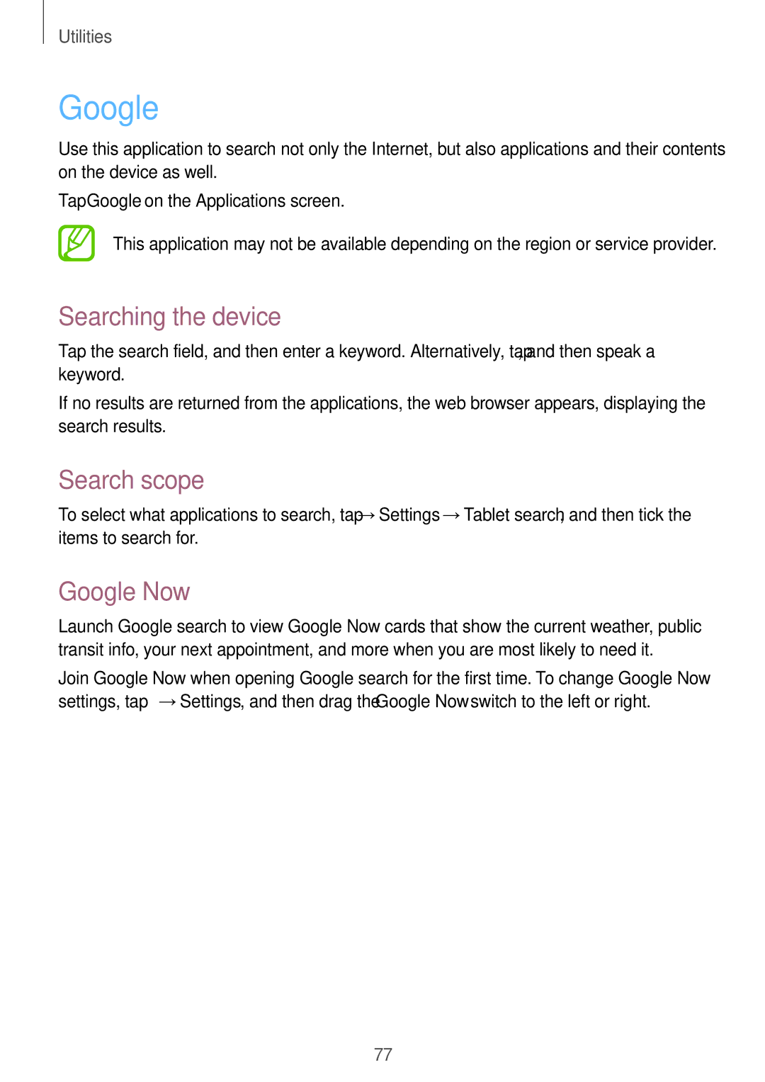 Samsung SM-T230NYKABMW, SM-T230NYKCBMW manual Searching the device, Search scope, Google Now 