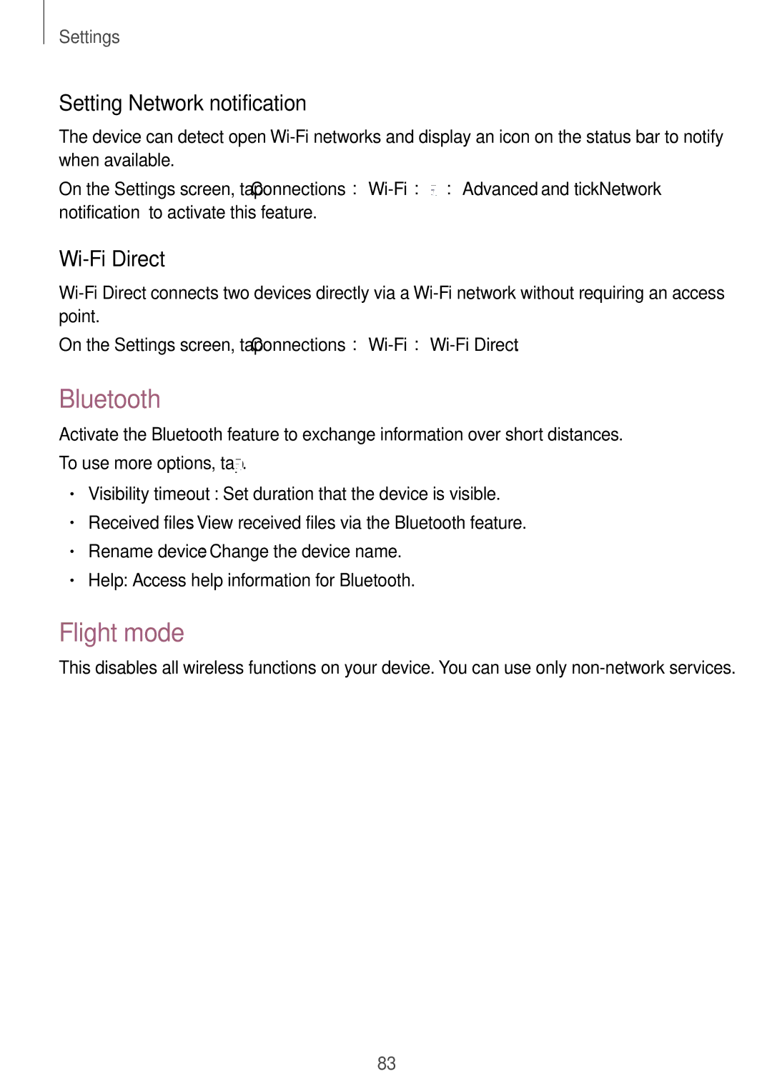 Samsung SM-T230NYKABMW, SM-T230NYKCBMW manual Bluetooth, Flight mode, Setting Network notification, Wi-Fi Direct 