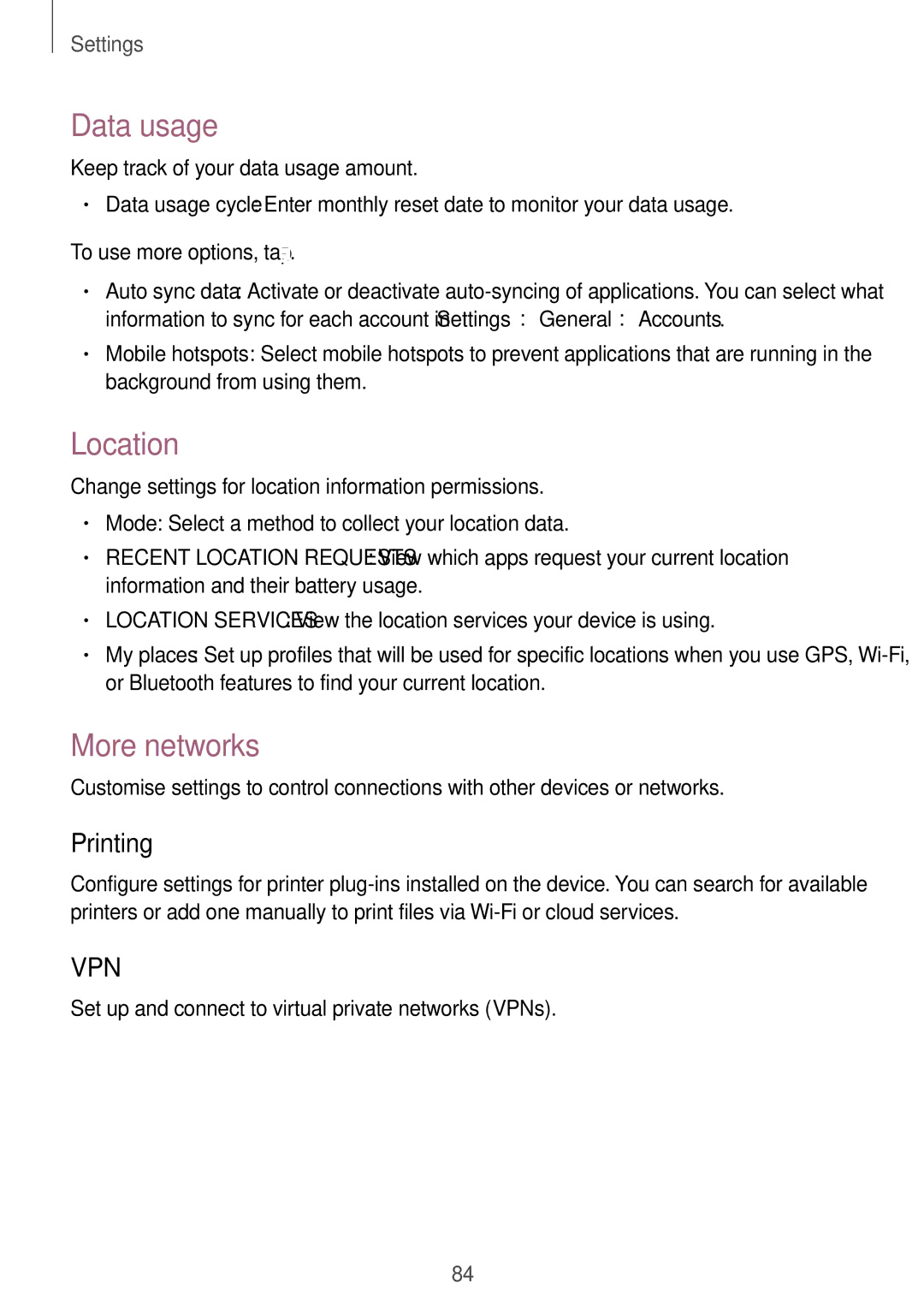 Samsung SM-T230NYKCBMW, SM-T230NYKABMW manual Data usage, Location, More networks, Printing 