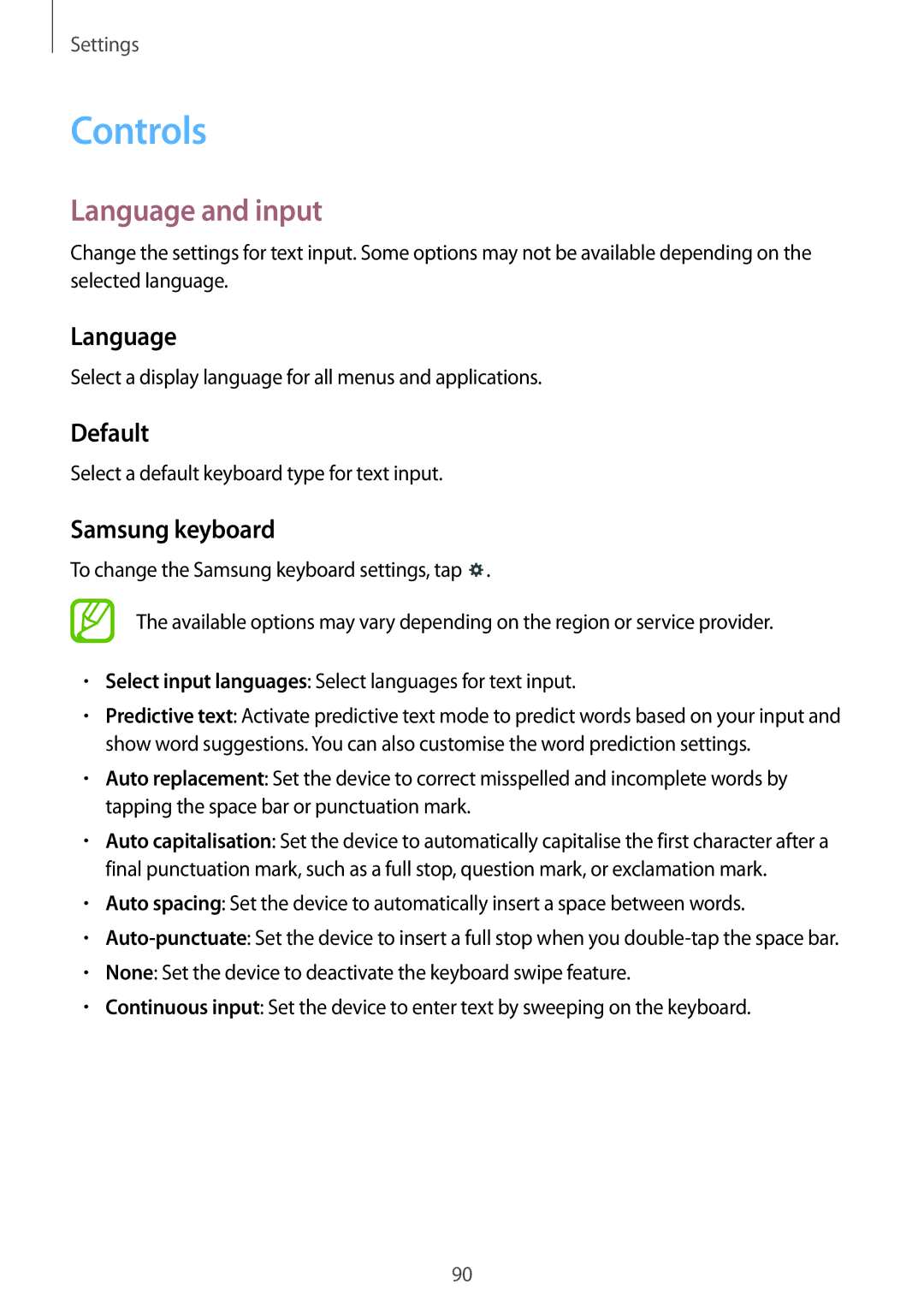 Samsung SM-T230NYKCBMW, SM-T230NYKABMW manual Controls, Language and input, Default, Samsung keyboard 